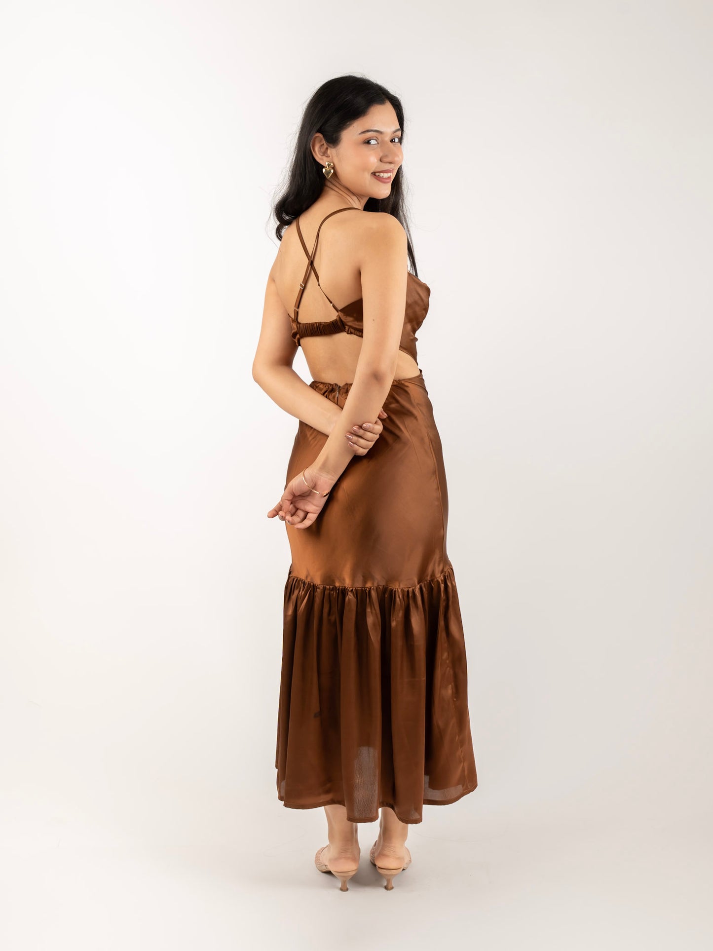 MONOMEE GWEN BROWN BACKLESS SATIN DRESS