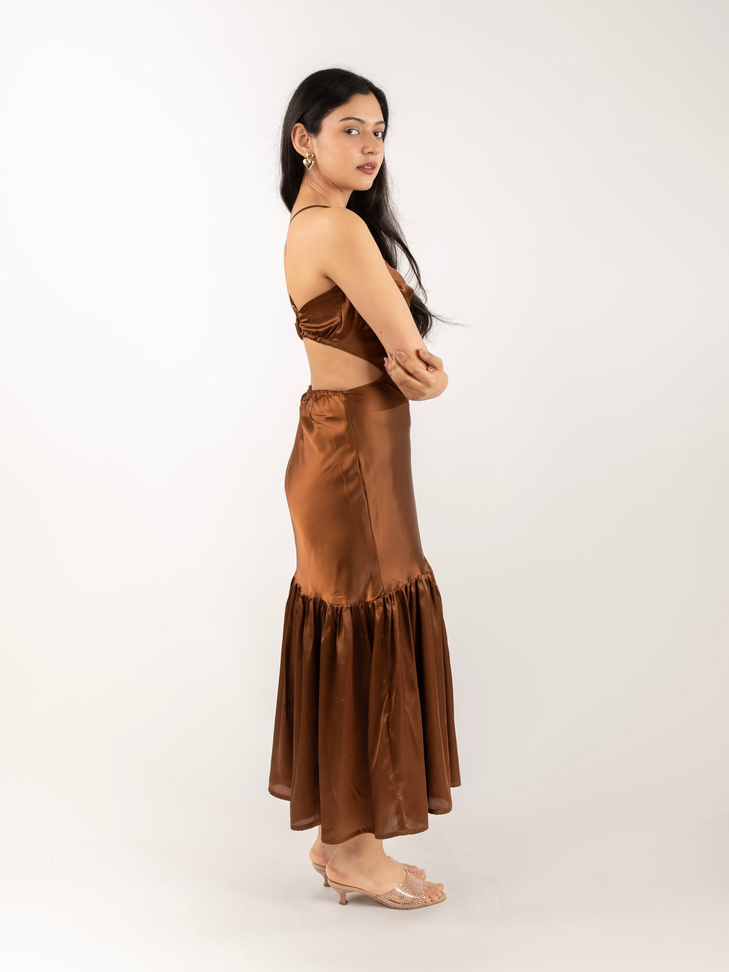 MONOMEE GWEN BROWN BACKLESS SATIN DRESS