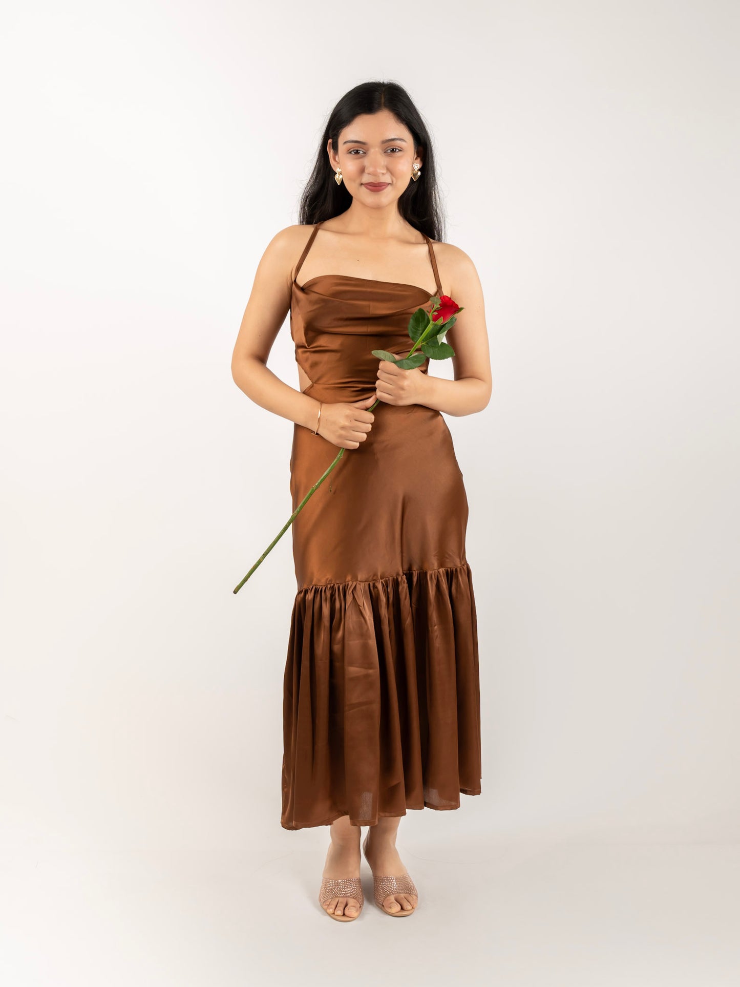 MONOMEE GWEN BROWN BACKLESS SATIN DRESS