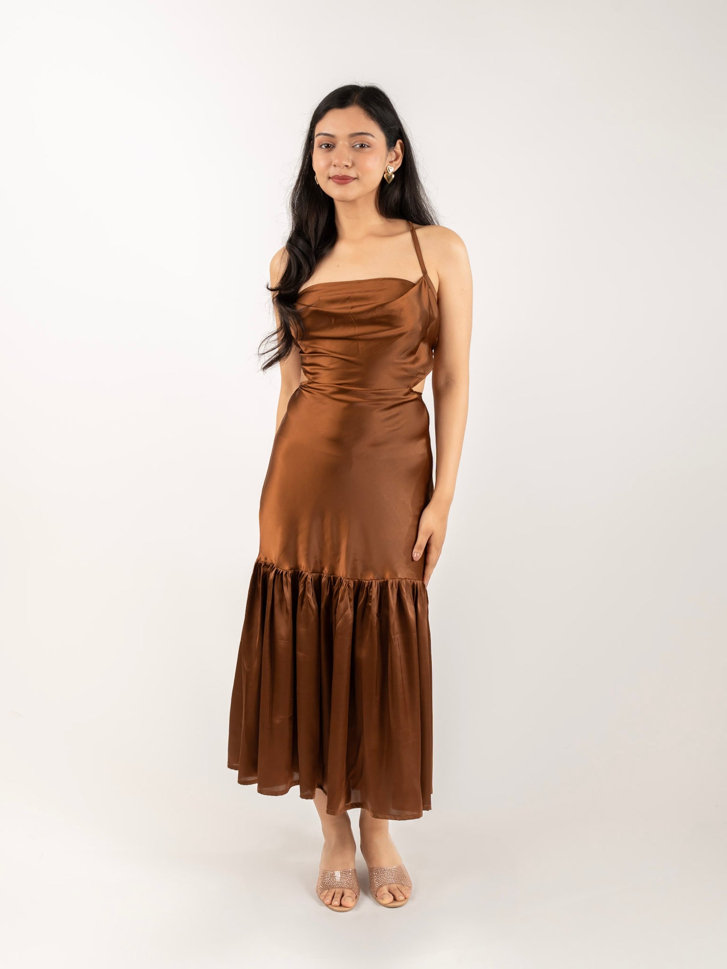 MONOMEE GWEN BROWN BACKLESS SATIN DRESS