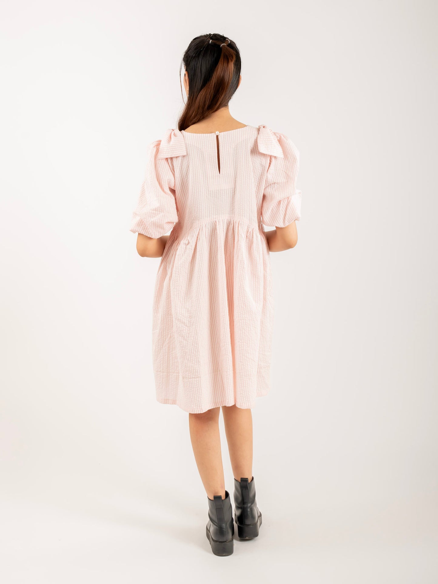 MONOMEE ALEX PINK STRIPED BOW SLEEVE MINI DRESS