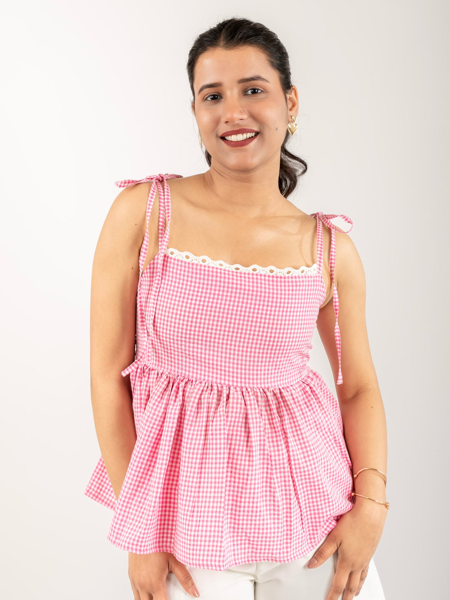 MONOMEE ZENDAYA PINK GINGHAM LACE TOP