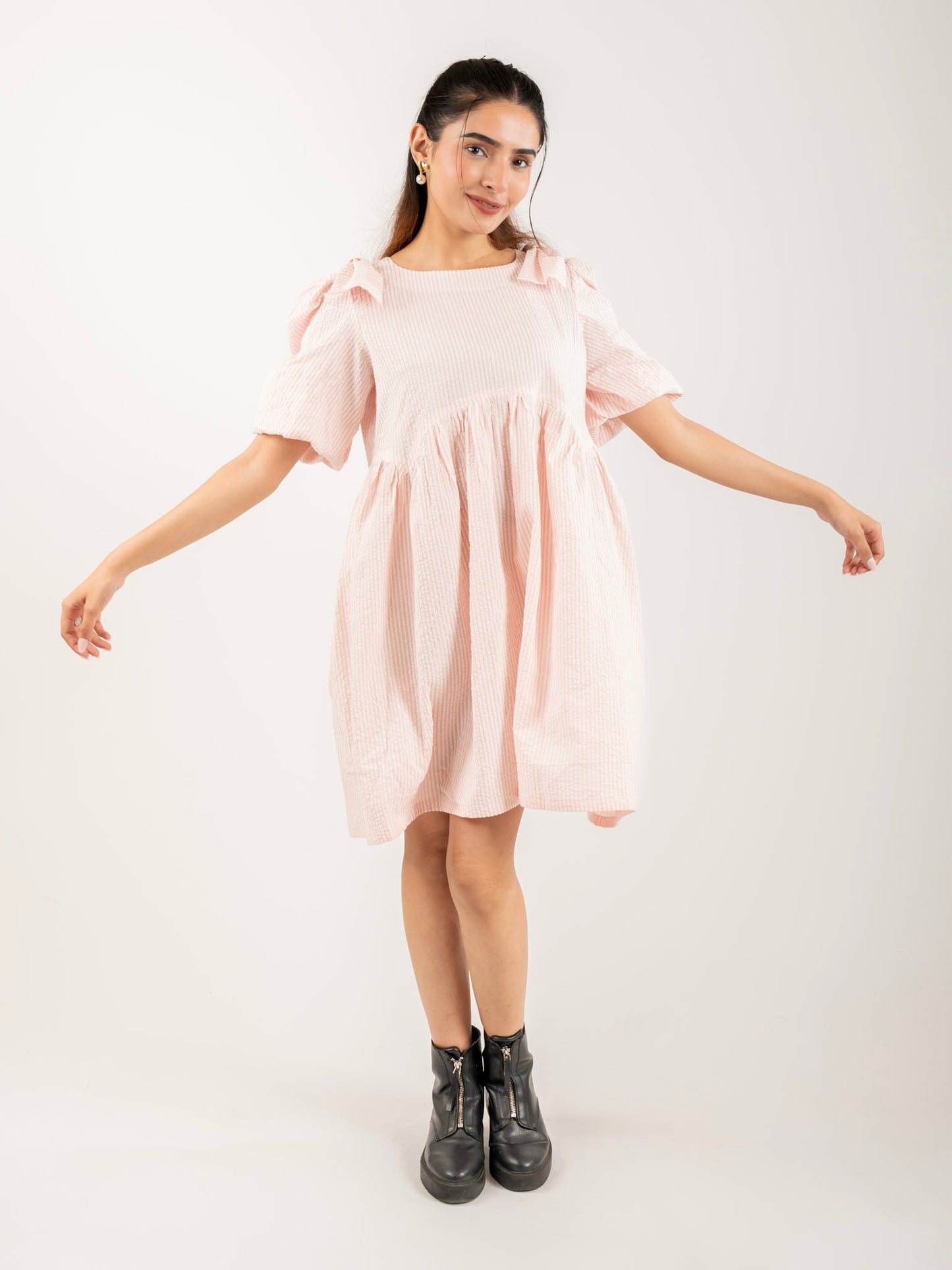 MONOMEE ALEX PINK STRIPED BOW SLEEVE MINI DRESS