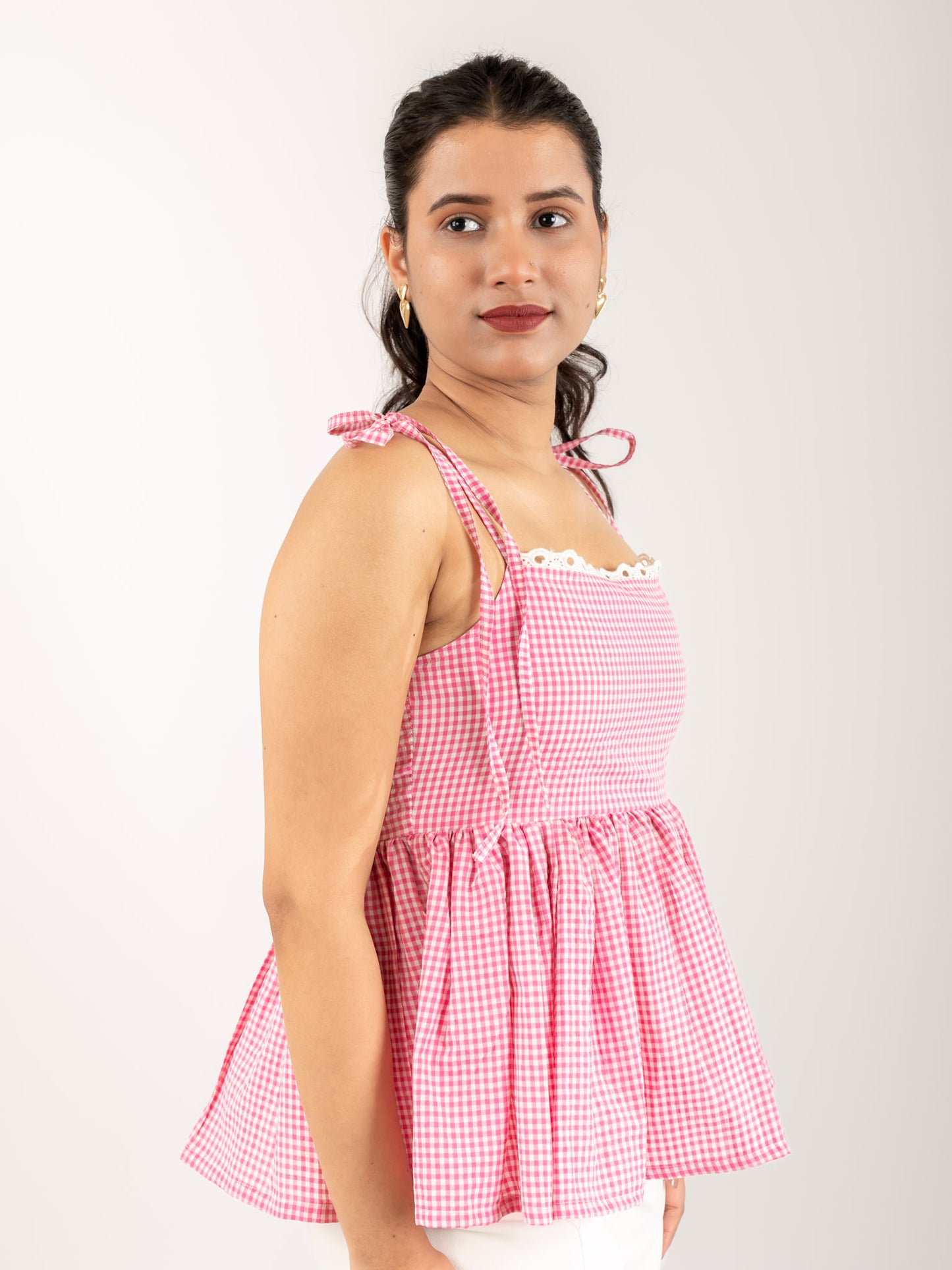 MONOMEE ZENDAYA PINK GINGHAM LACE TOP