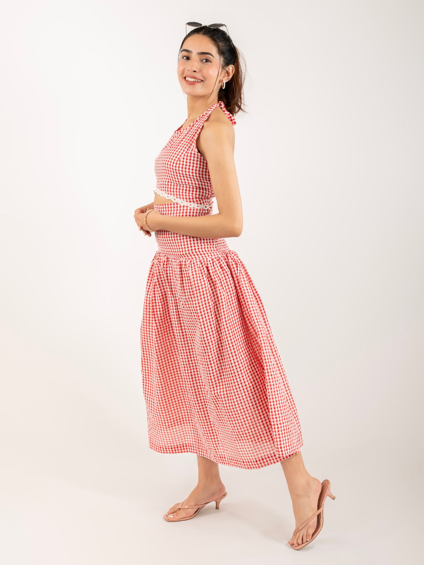 MONOMEE KATE RED & WHITE GINGHAM CROP TOP