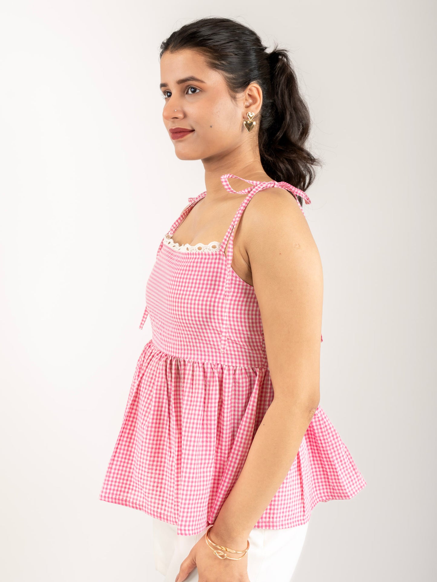 MONOMEE ZENDAYA PINK GINGHAM LACE TOP
