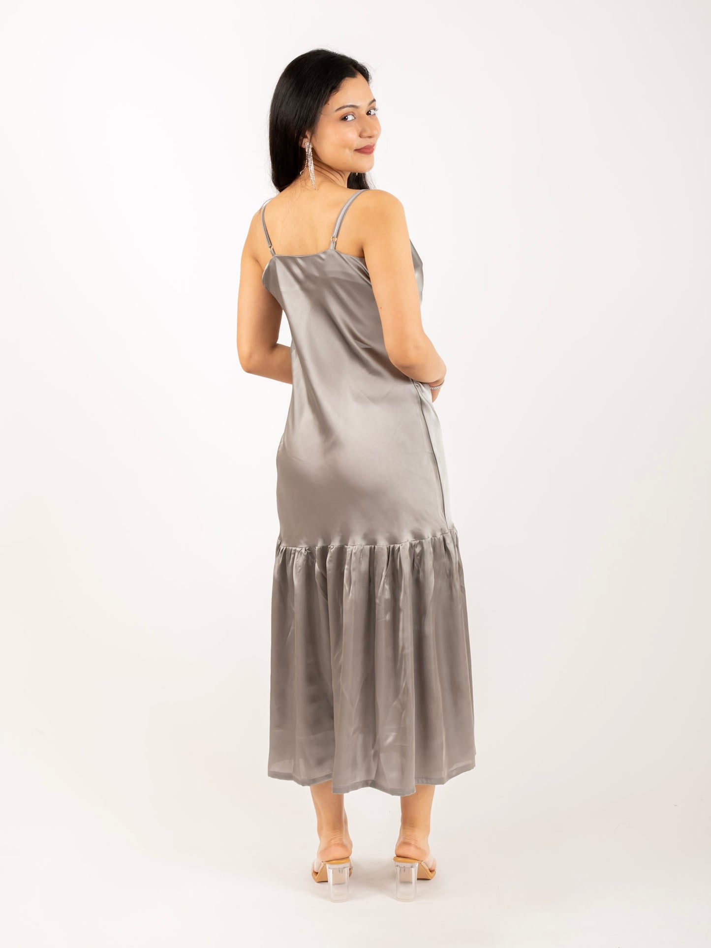 MONOMEE TYLA GREY SATIN SLIP DRESS