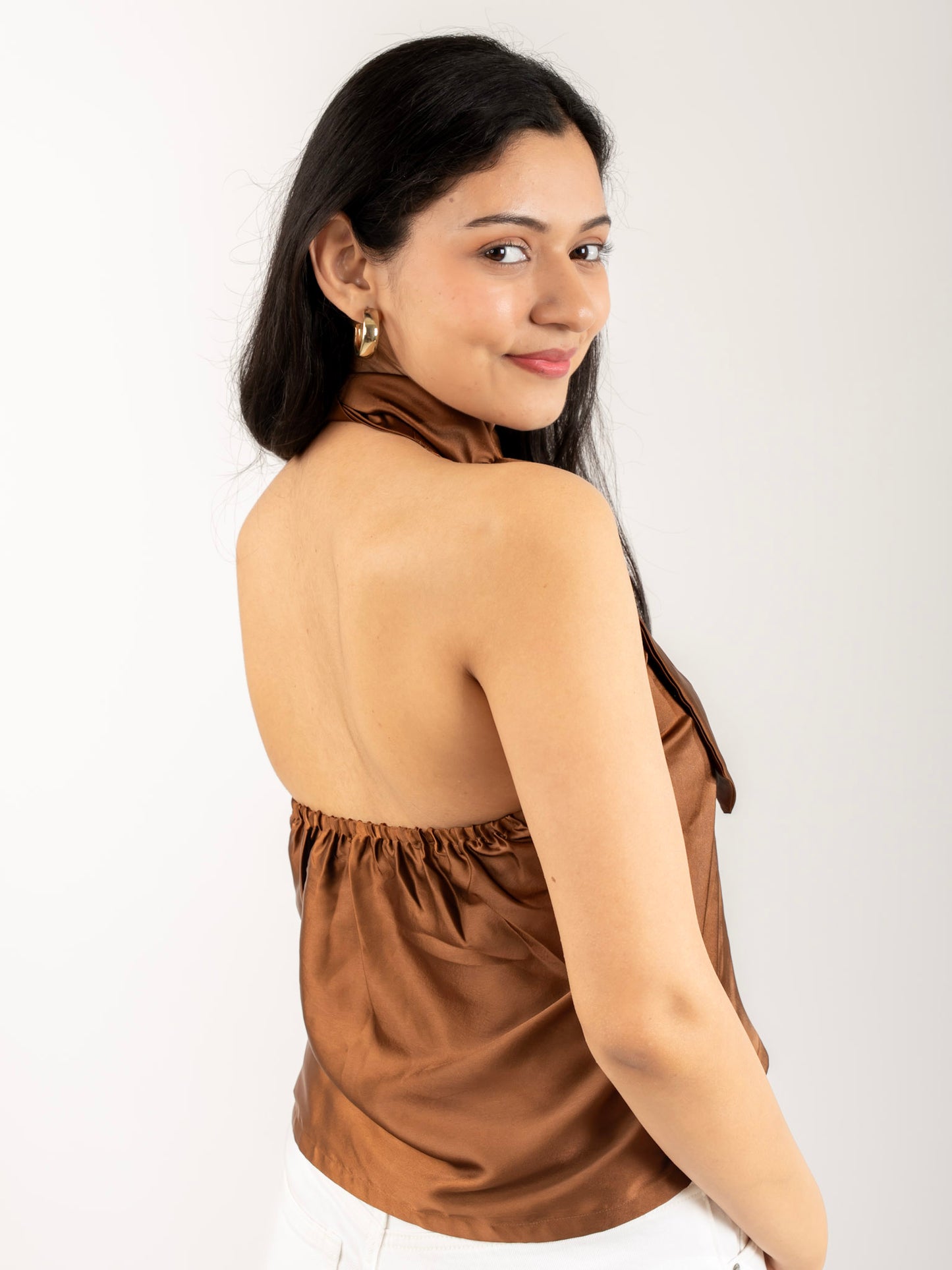 MONOMEE STELLA BROWN SATIN CROP TOP