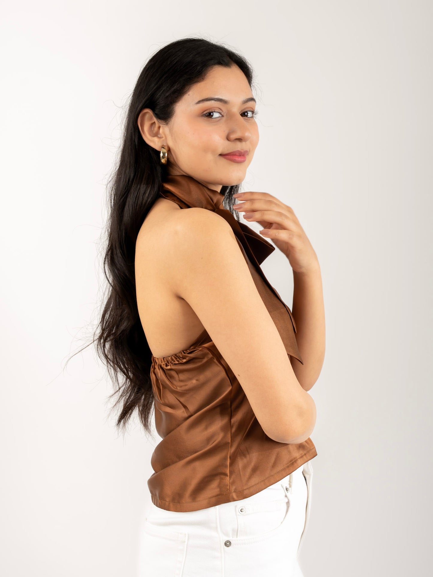 MONOMEE STELLA BROWN SATIN CROP TOP