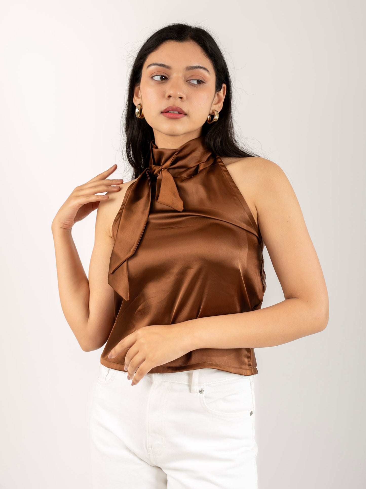 MONOMEE STELLA BROWN SATIN CROP TOP