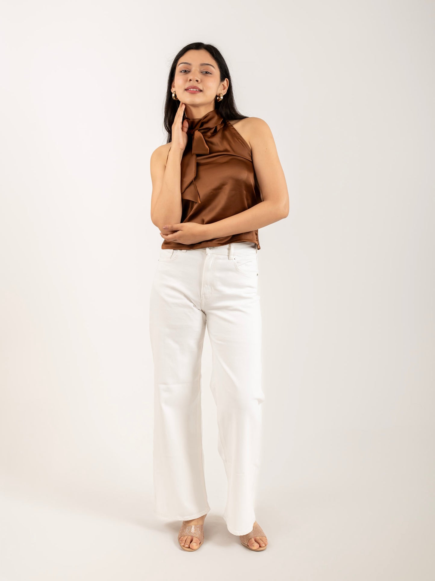 MONOMEE STELLA BROWN SATIN CROP TOP