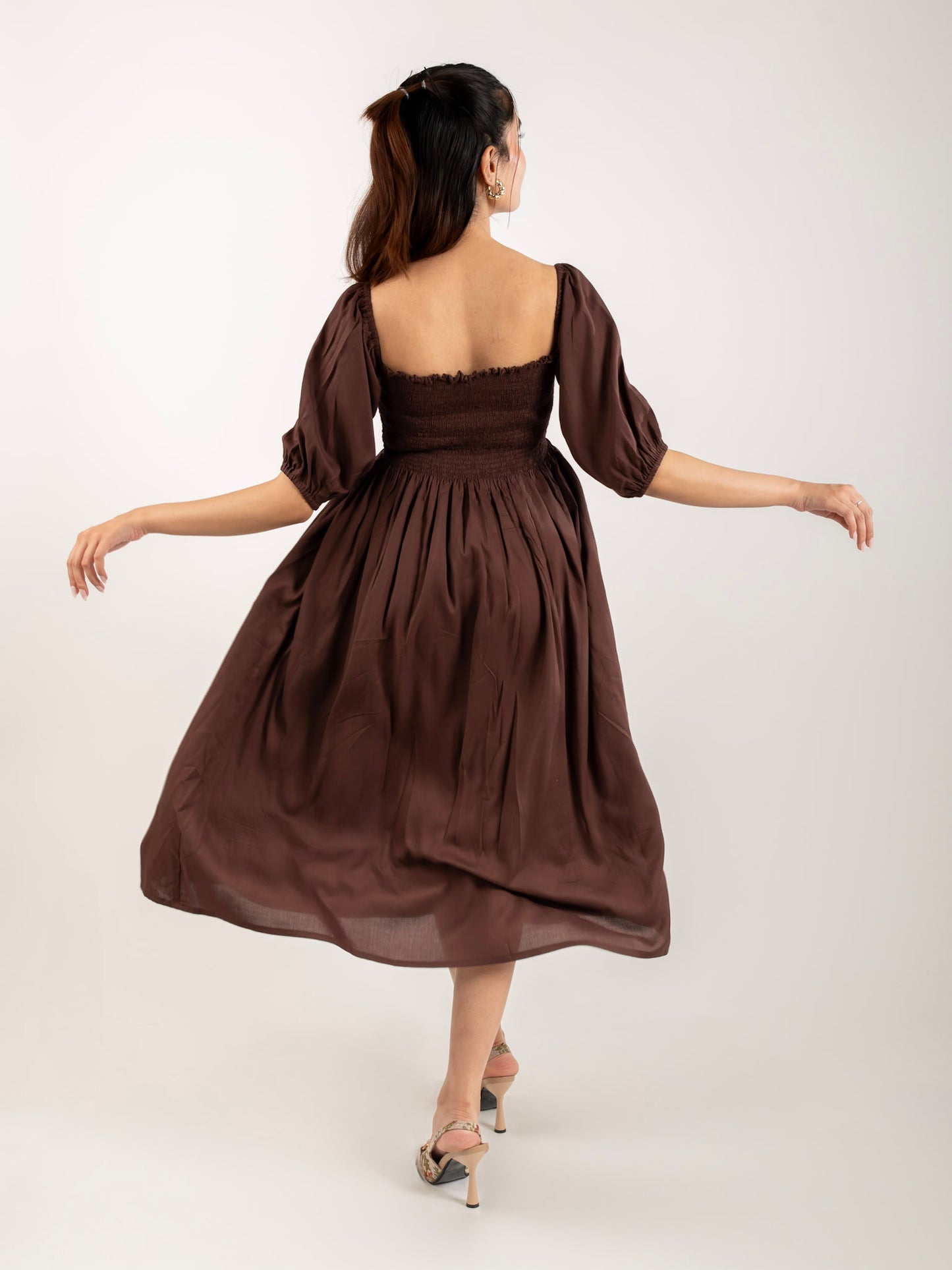 MONOMEE GRACIE BROWN MIDI DRESS