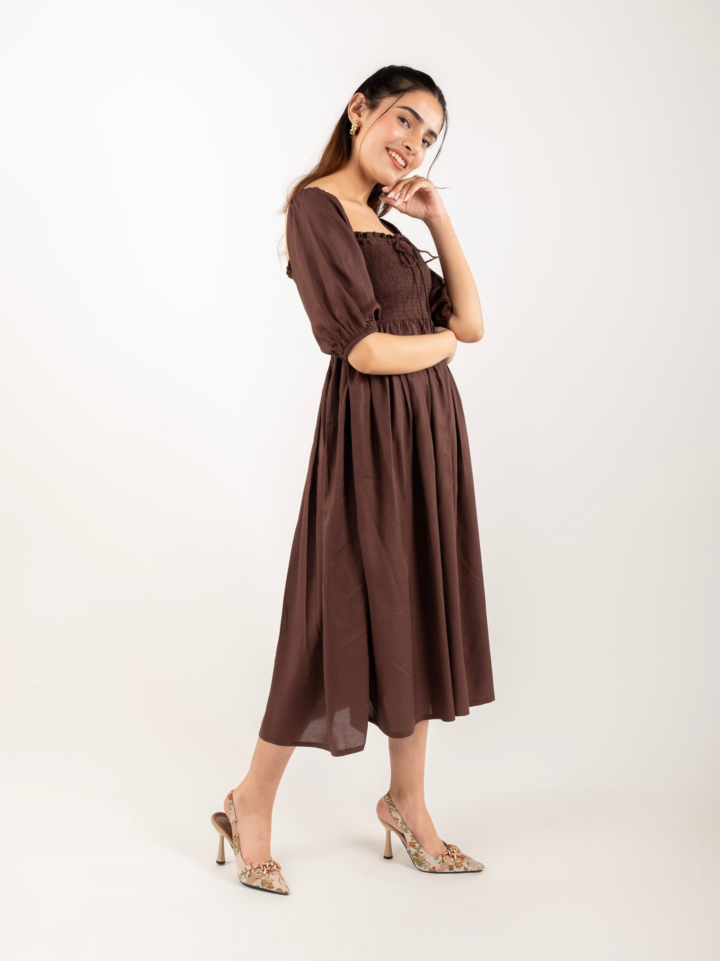 MONOMEE GRACIE BROWN MIDI DRESS