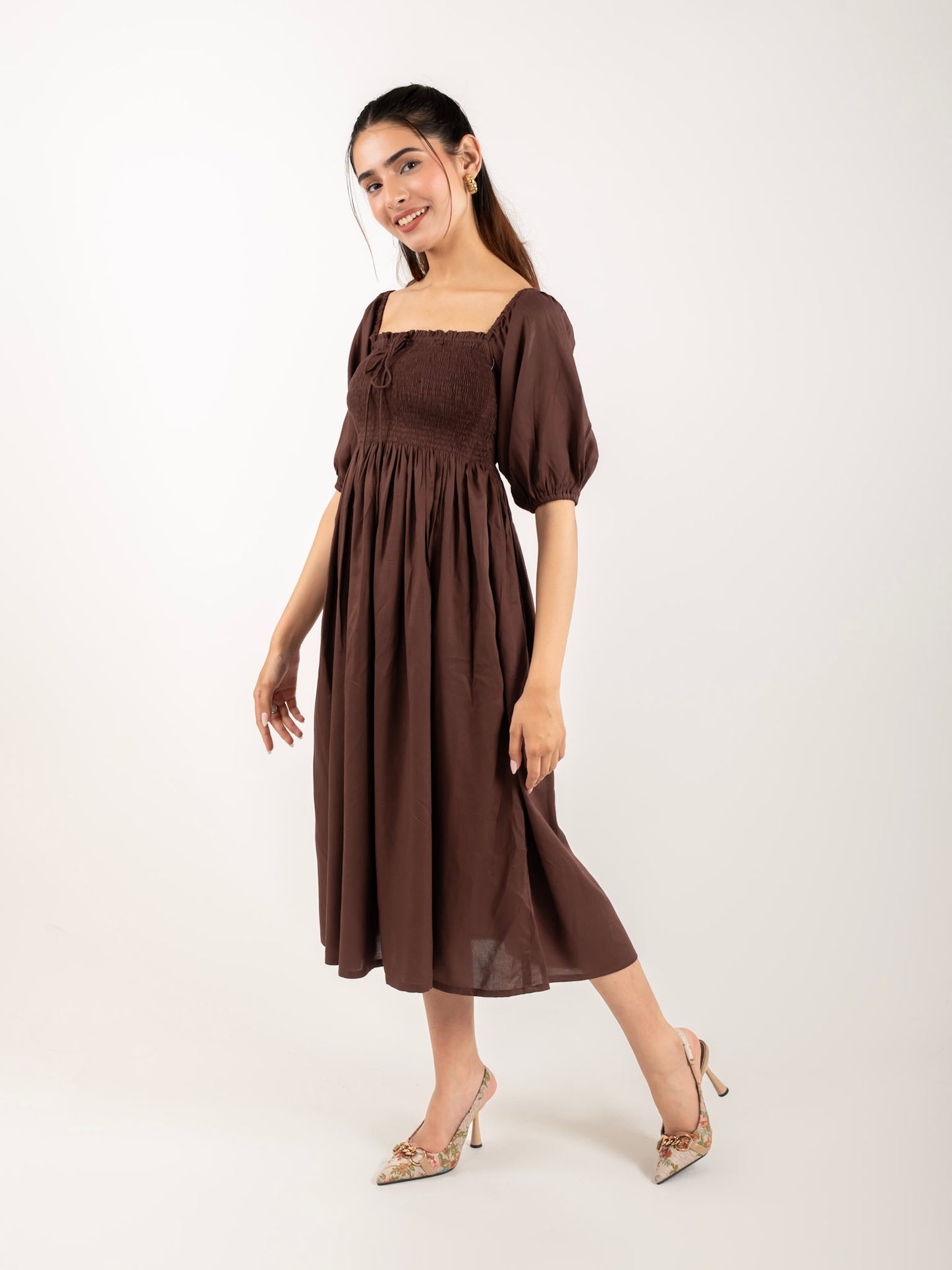 MONOMEE GRACIE BROWN MIDI DRESS