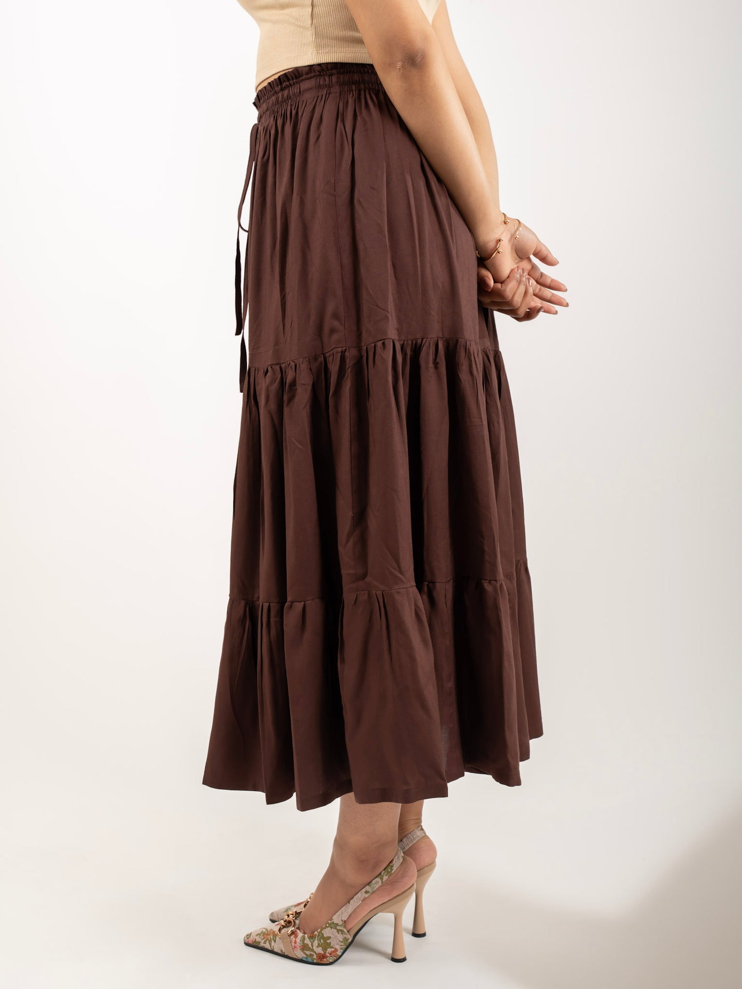 MONOMEE OPHELIA BROWN TIERED MAXI SKIRT
