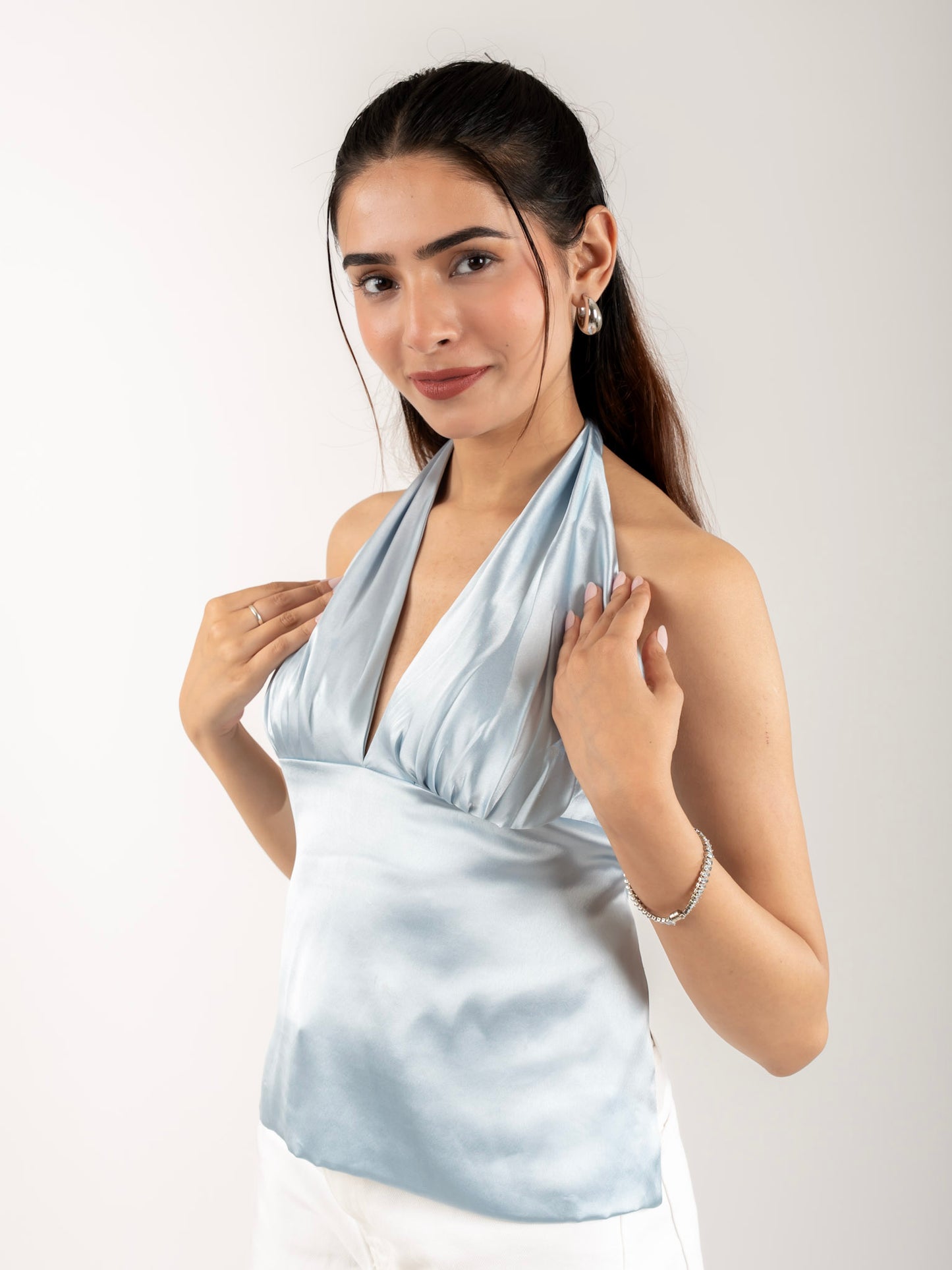 MONOMEE CESCA SATIN HALTER NECK ICE BLUE TOP