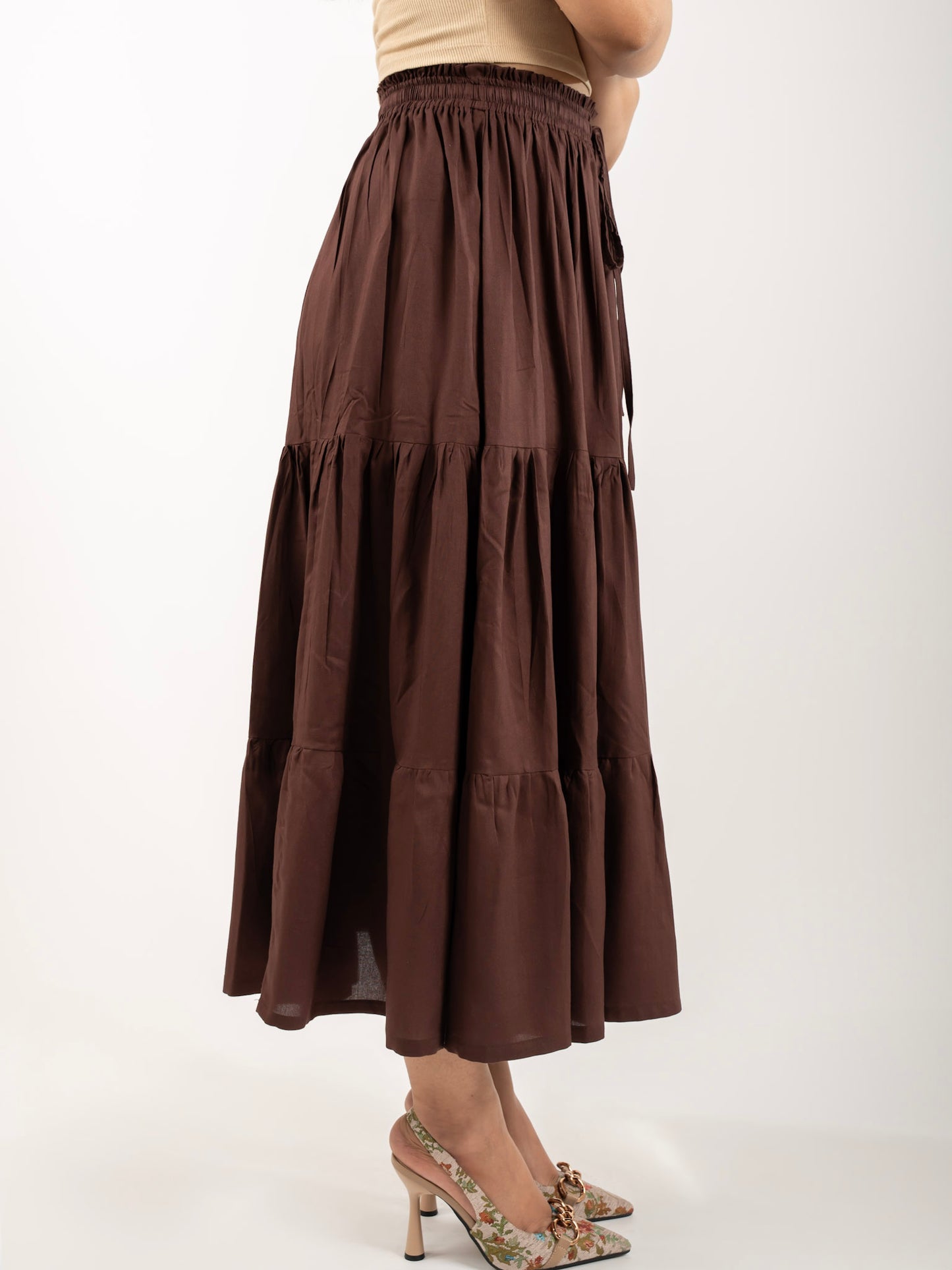 MONOMEE OPHELIA BROWN TIERED MAXI SKIRT