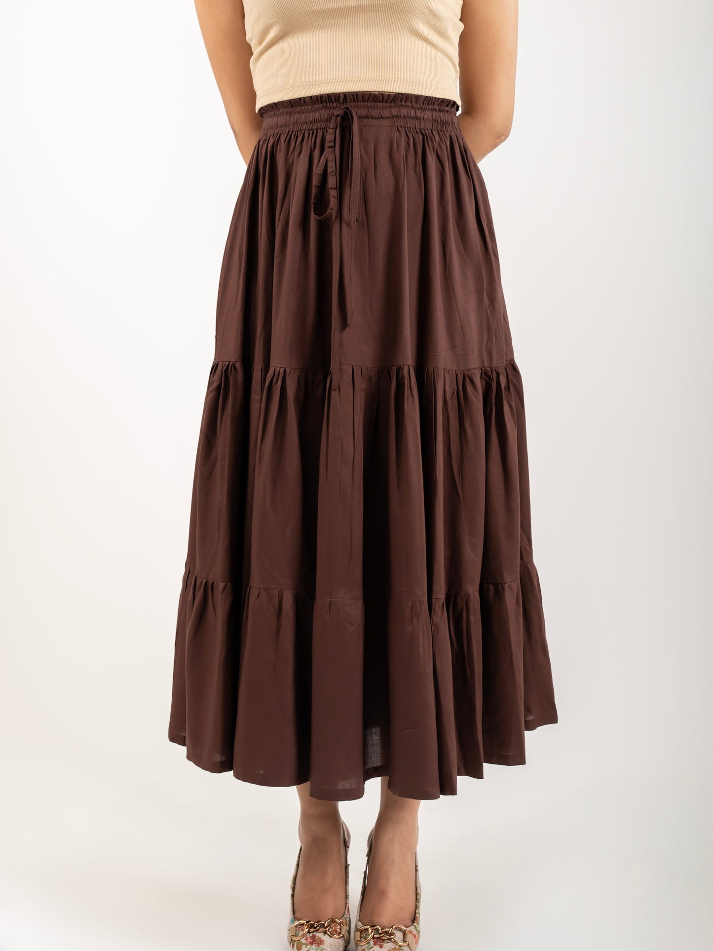 MONOMEE OPHELIA BROWN TIERED MAXI SKIRT