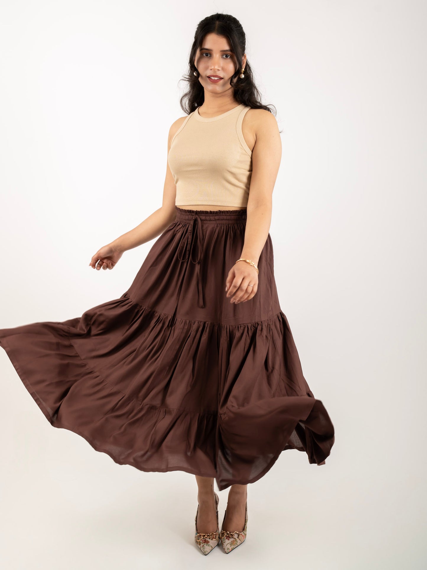 MONOMEE OPHELIA BROWN TIERED MAXI SKIRT
