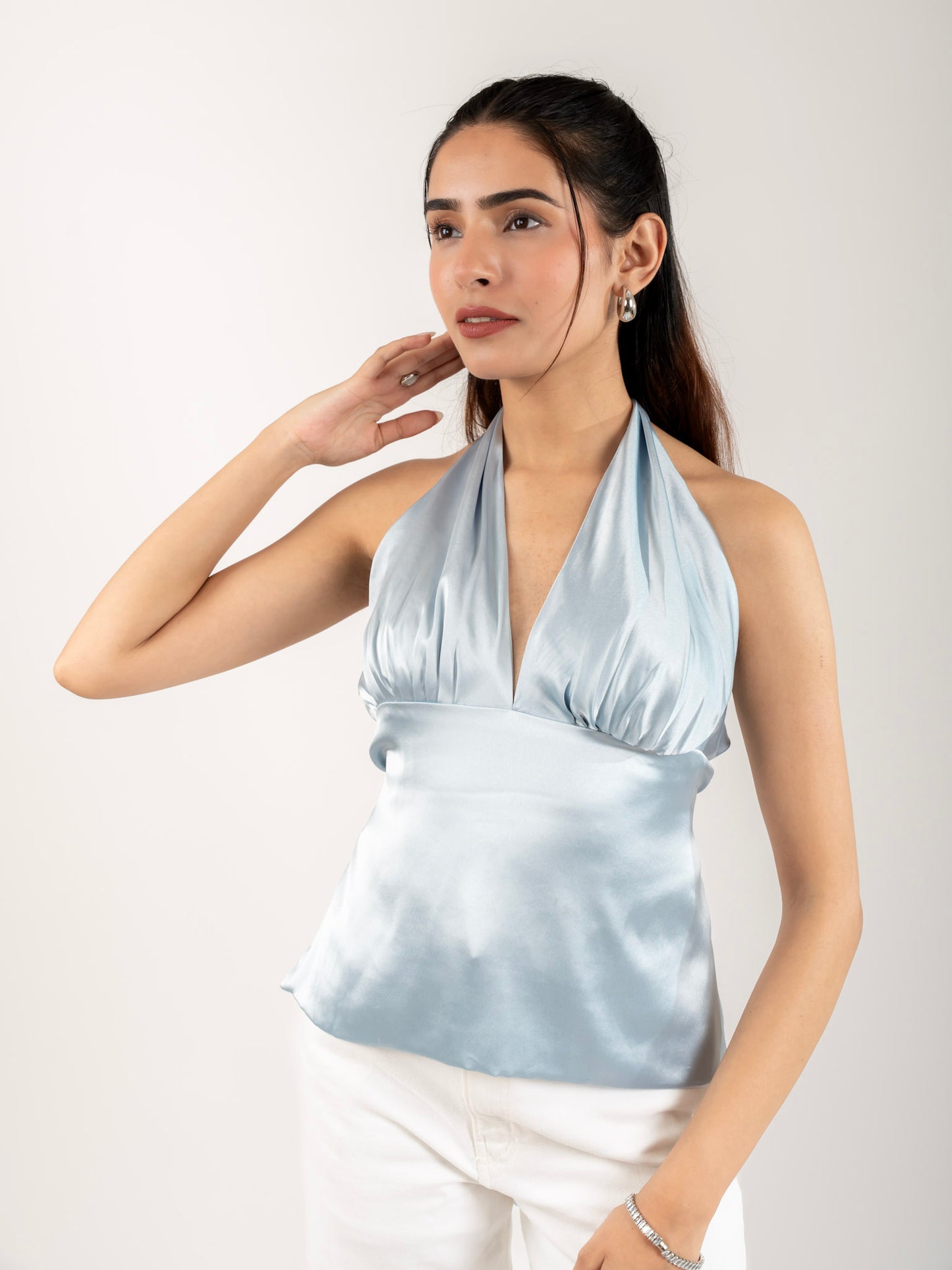 MONOMEE CESCA SATIN HALTER NECK ICE BLUE TOP