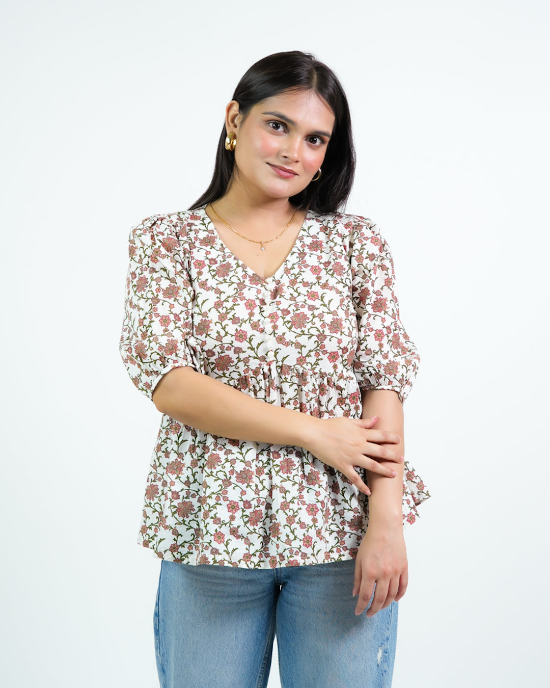 BANHI WHITE FLORAL PRINTED KURTI TOP