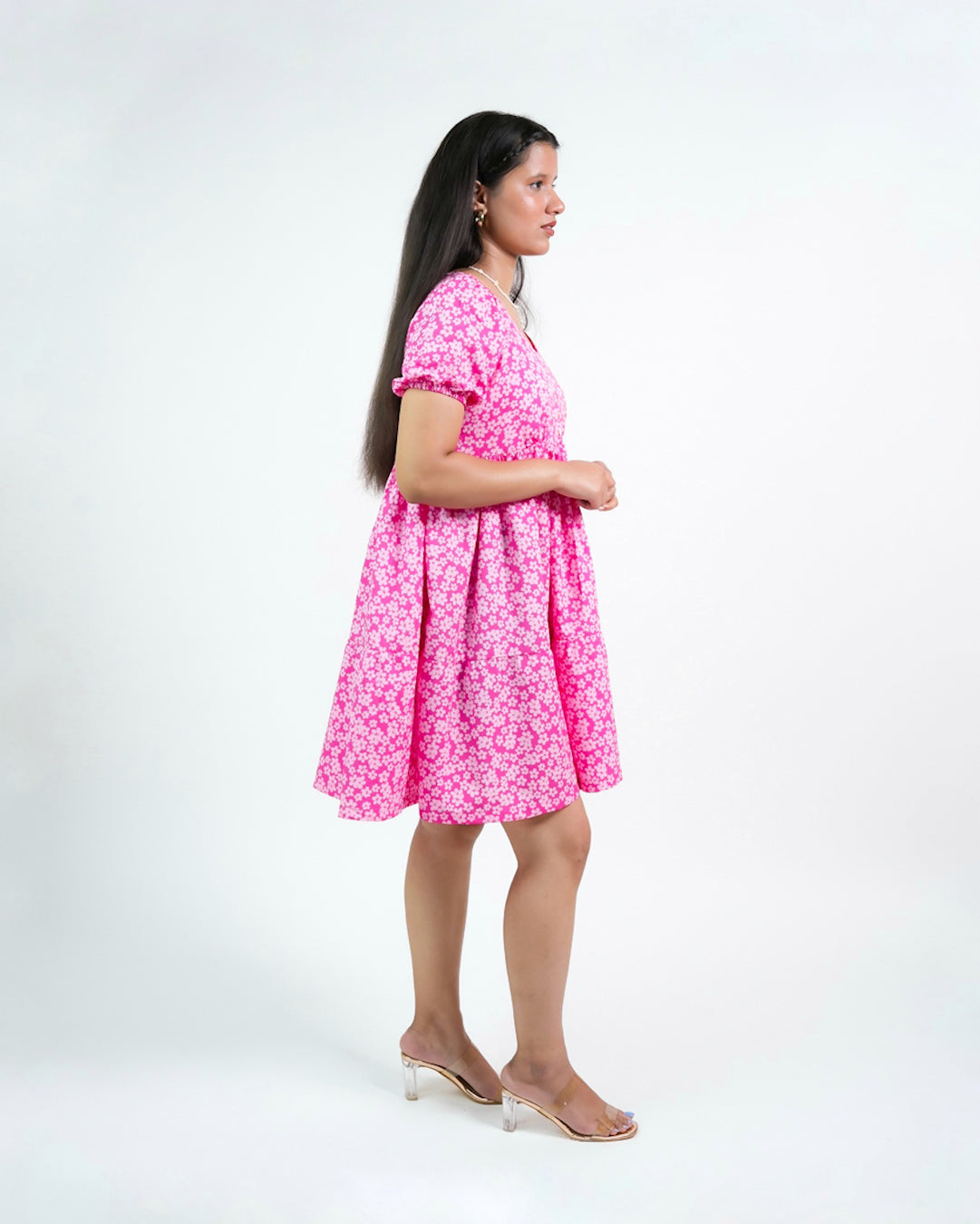 ELEANOR PINK PUFF SLEEVE MIDI SUNDRESS