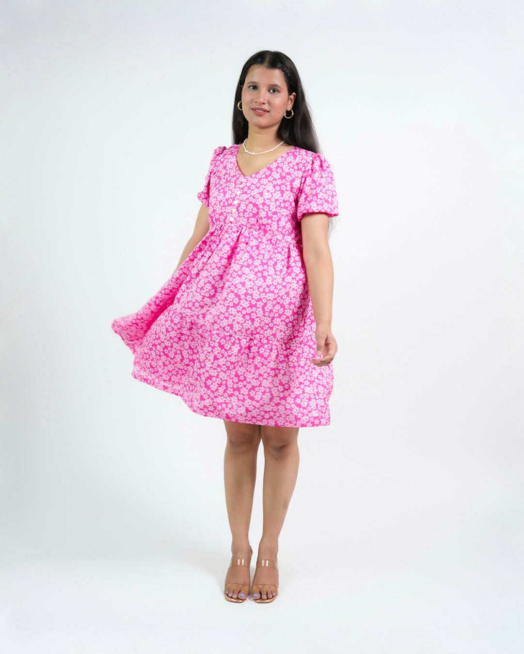 ELEANOR PINK PUFF SLEEVE MIDI SUNDRESS