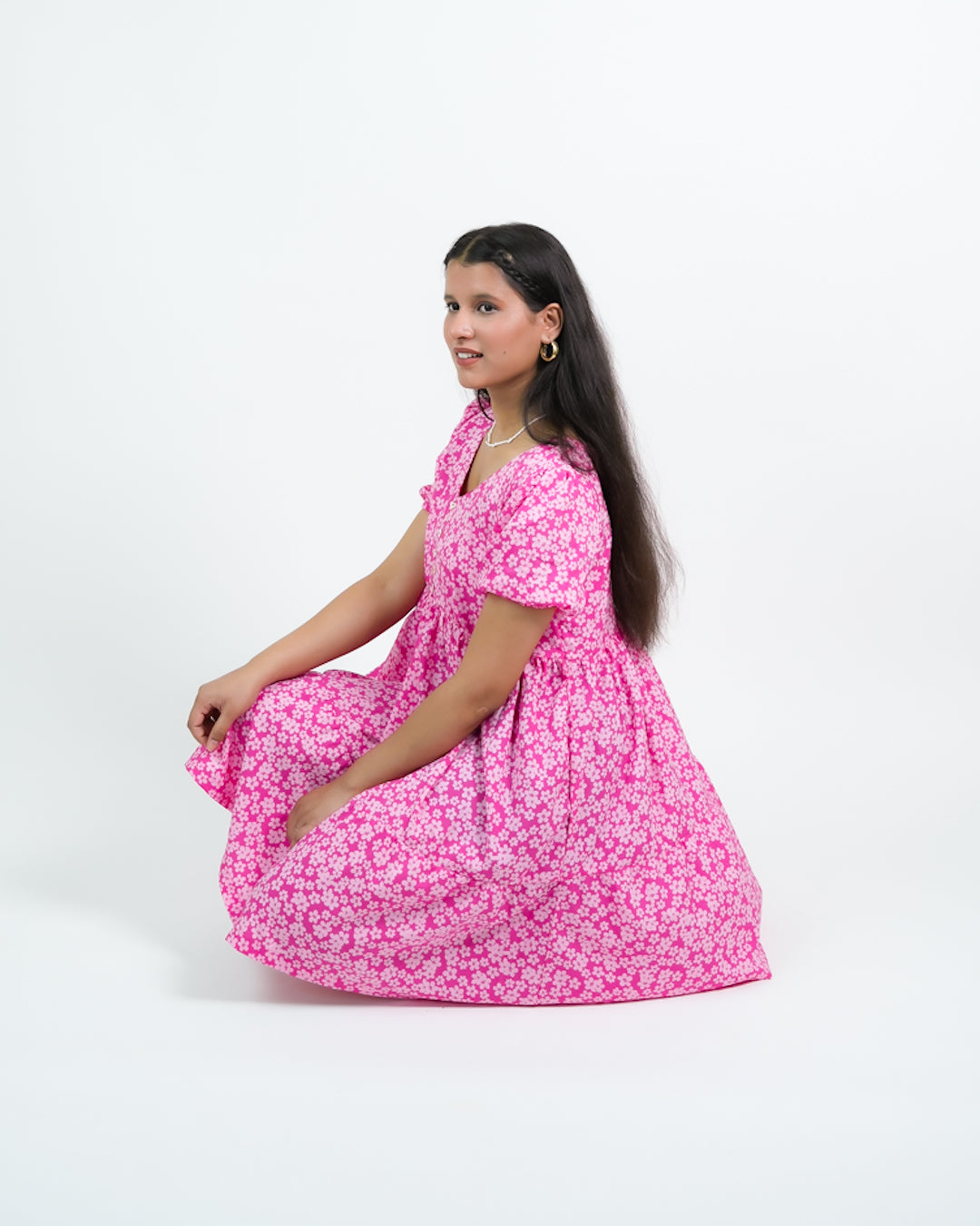 ELEANOR PINK PUFF SLEEVE MIDI SUNDRESS