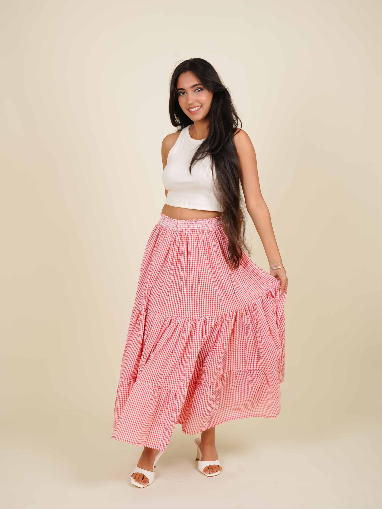 MONOMEE CORA TIERED GINGHAM MAXI SKIRT
