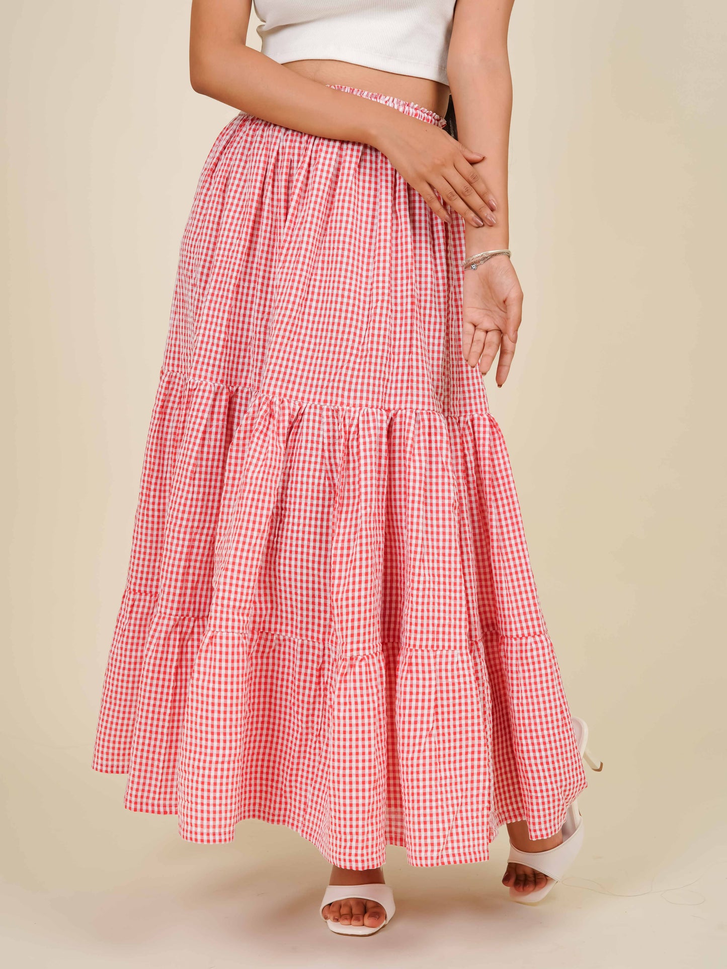 MONOMEE CORA TIERED GINGHAM MAXI SKIRT