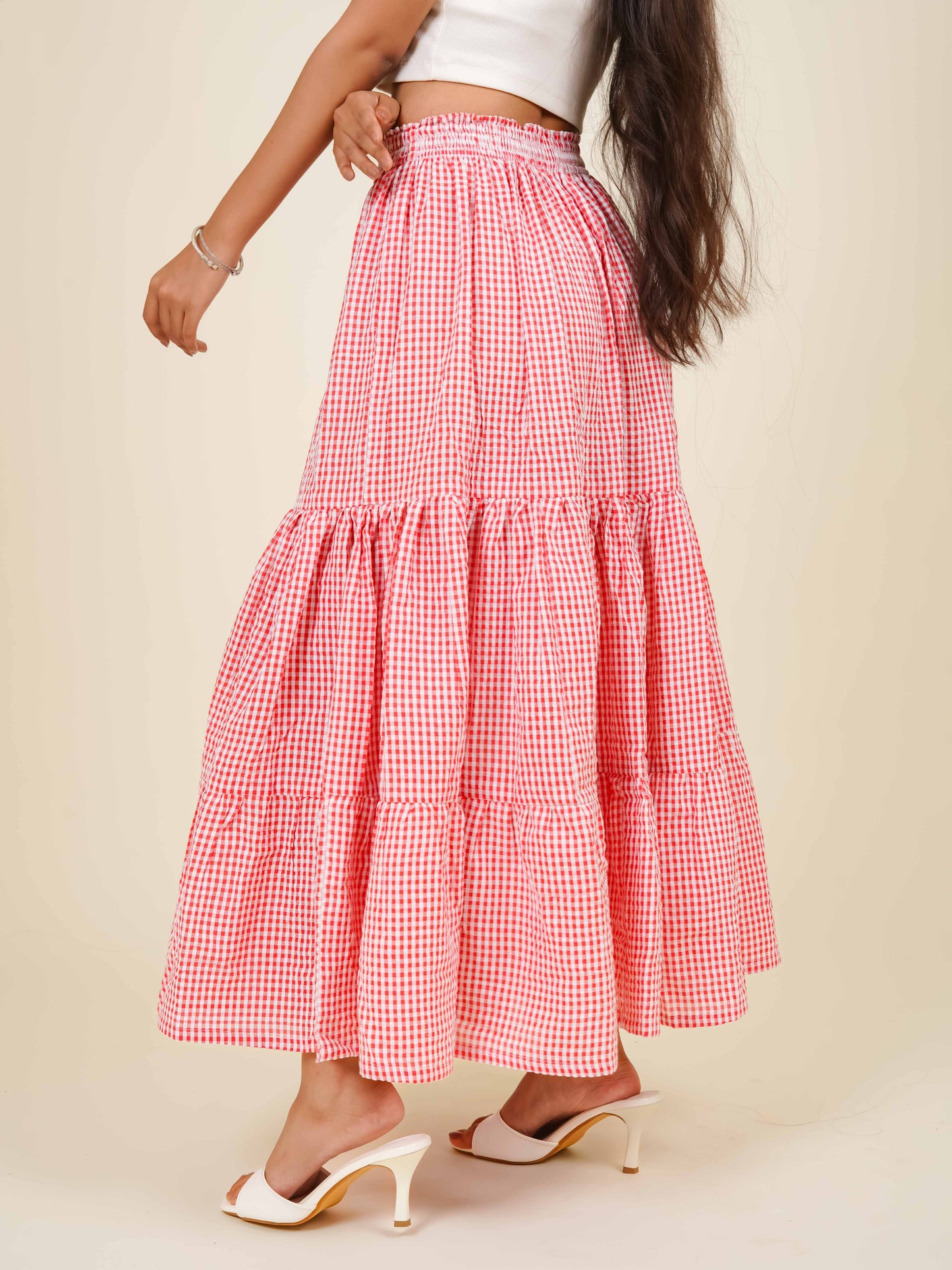 MONOMEE CORA TIERED GINGHAM MAXI SKIRT