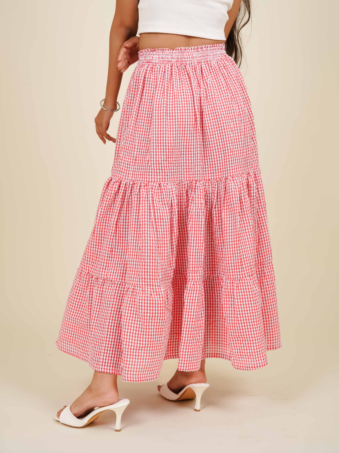 MONOMEE CORA TIERED GINGHAM MAXI SKIRT