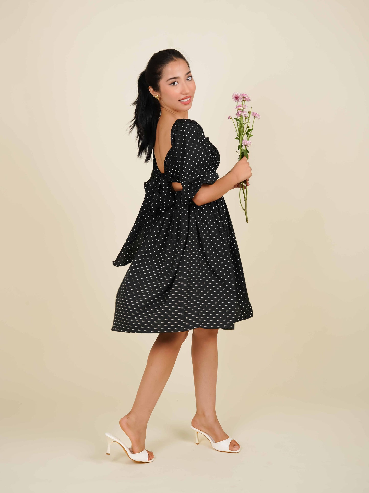 MONOMEE ARORA BLACK POLKA DOT MINI DRESS
