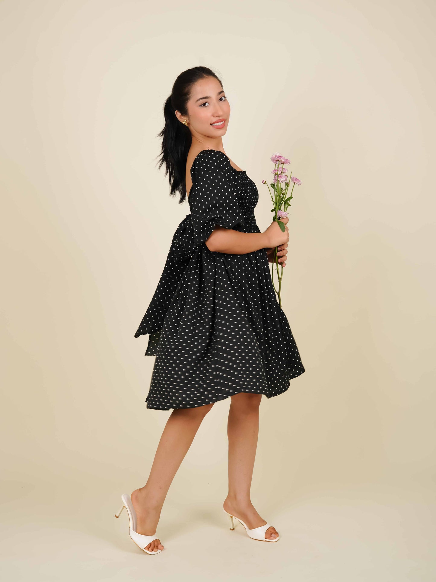 MONOMEE ARORA BLACK POLKA DOT MINI DRESS