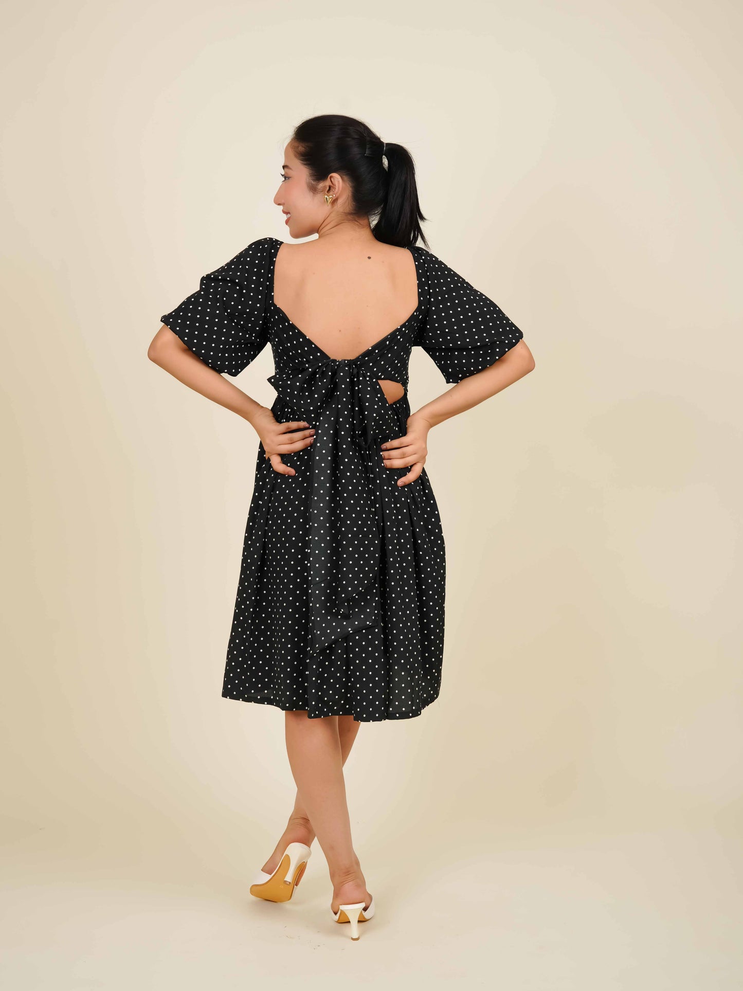MONOMEE ARORA BLACK POLKA DOT MINI DRESS