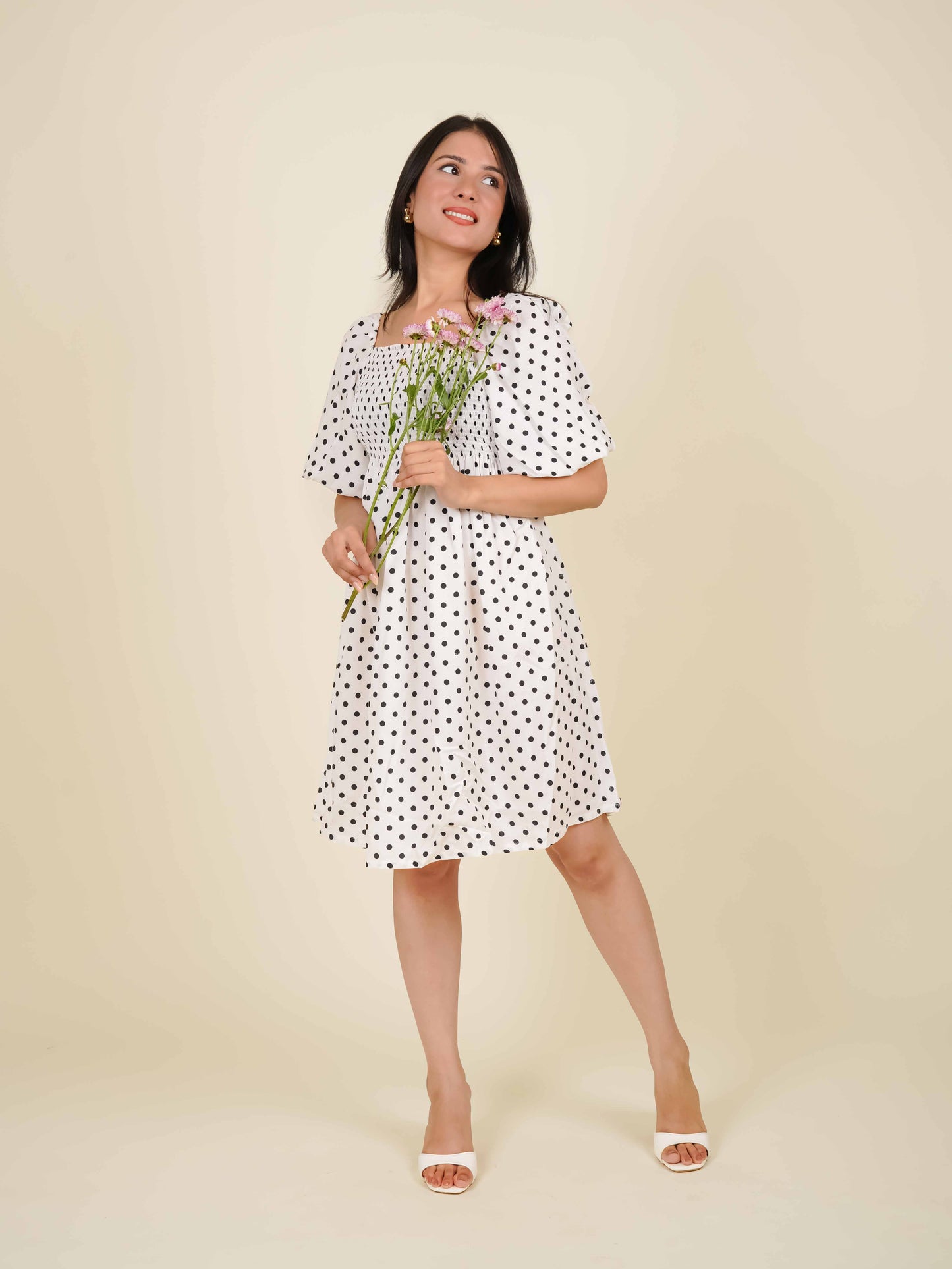 MONOMEE IRIS WHITE POLKA DOT MINI DRESS