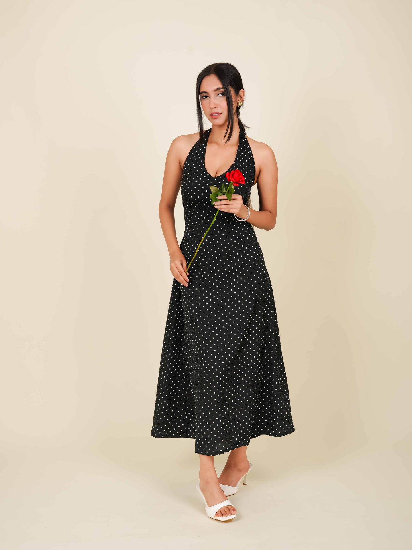 MONOMEE ALOURA BLACK POLKA DOT HALTER NECK DRESS
