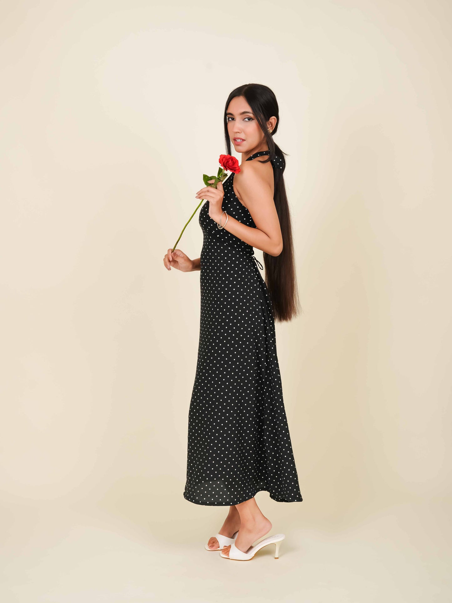 MONOMEE ALOURA BLACK POLKA DOT HALTER NECK DRESS