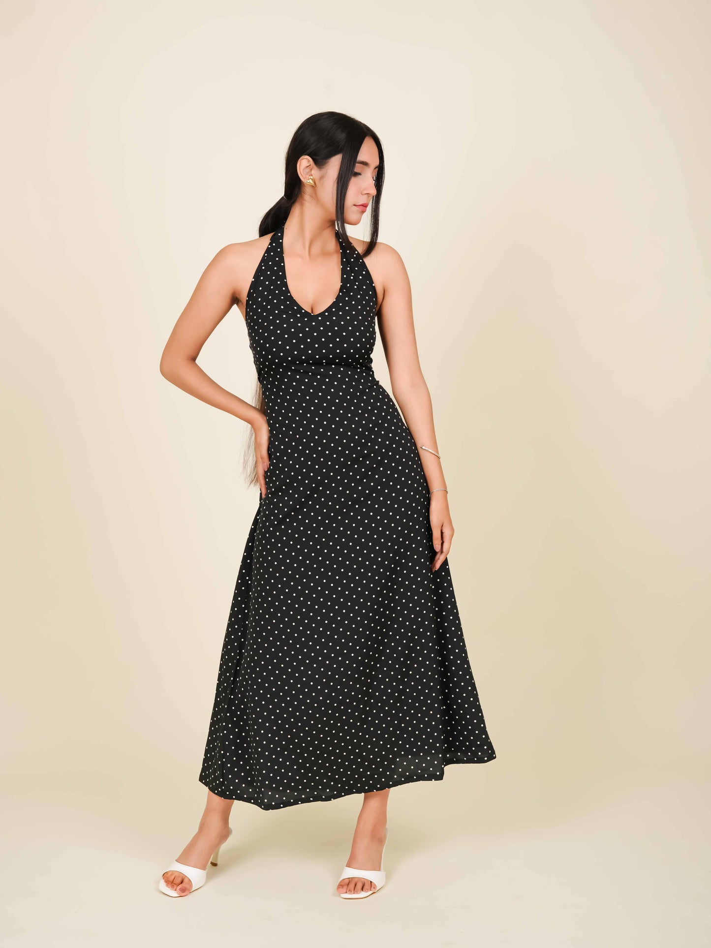 MONOMEE ALOURA BLACK POLKA DOT HALTER NECK DRESS