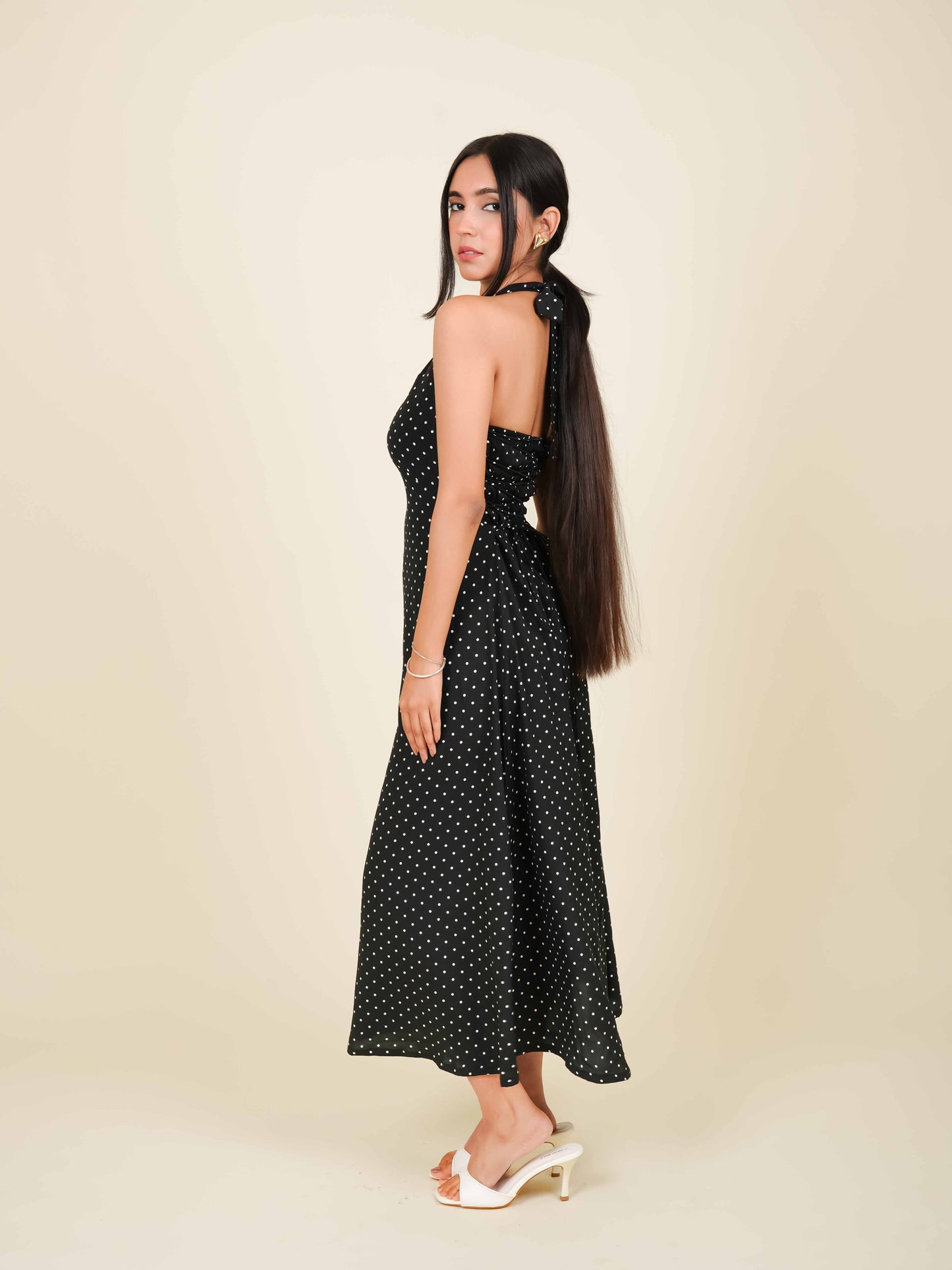 MONOMEE ALOURA BLACK POLKA DOT HALTER NECK DRESS