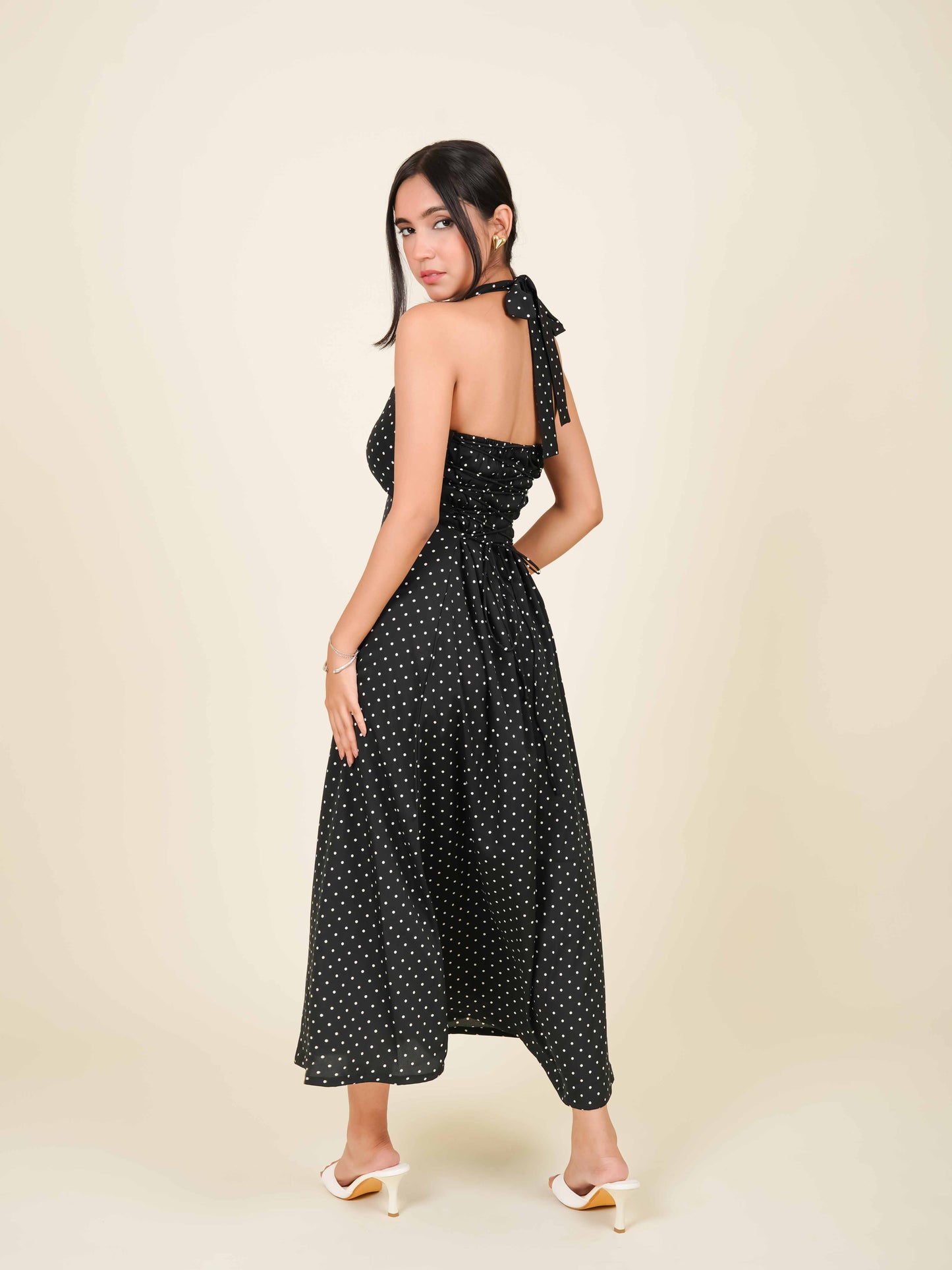 MONOMEE ALOURA BLACK POLKA DOT HALTER NECK DRESS