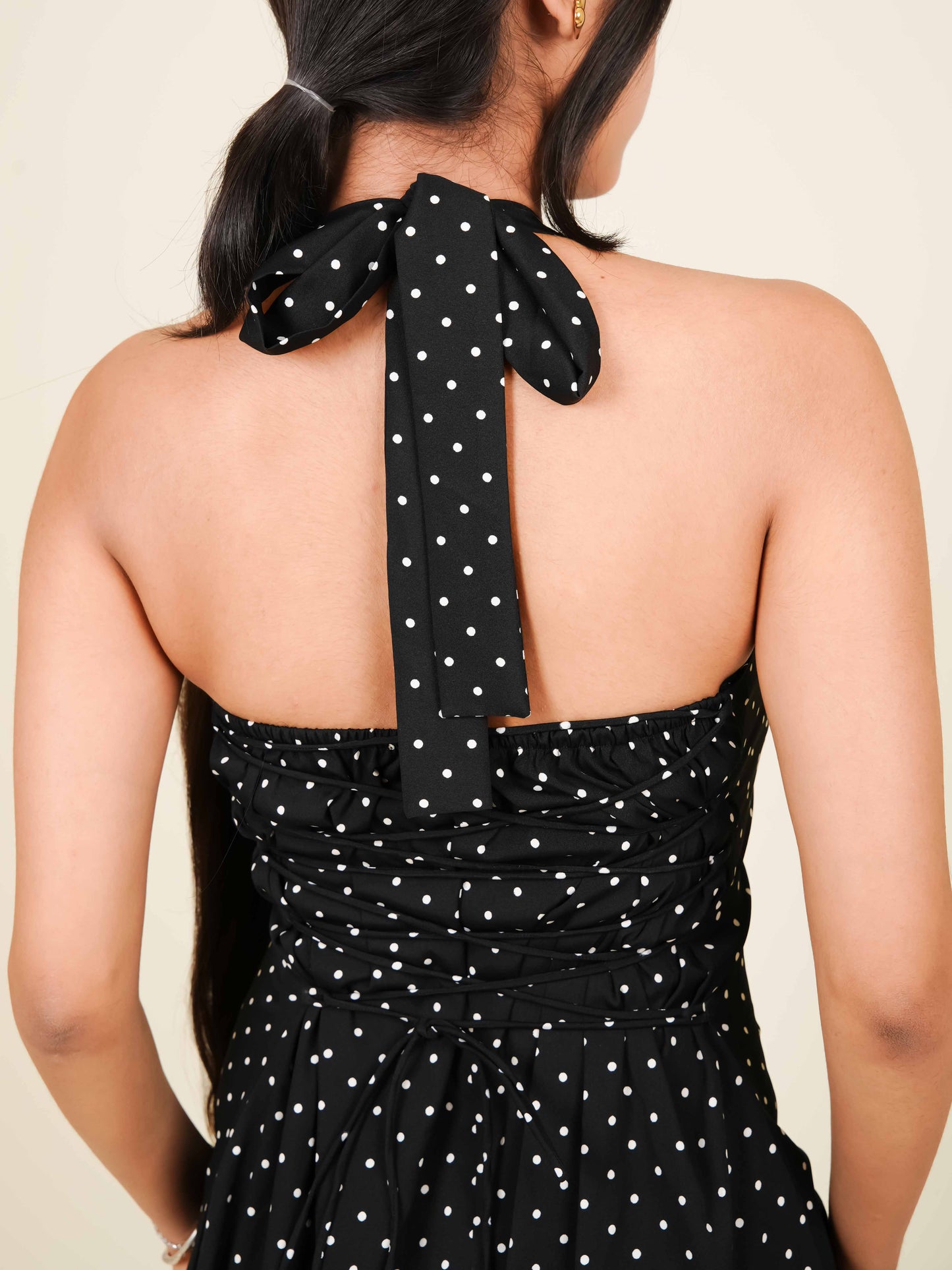 MONOMEE ALOURA BLACK POLKA DOT HALTER NECK DRESS