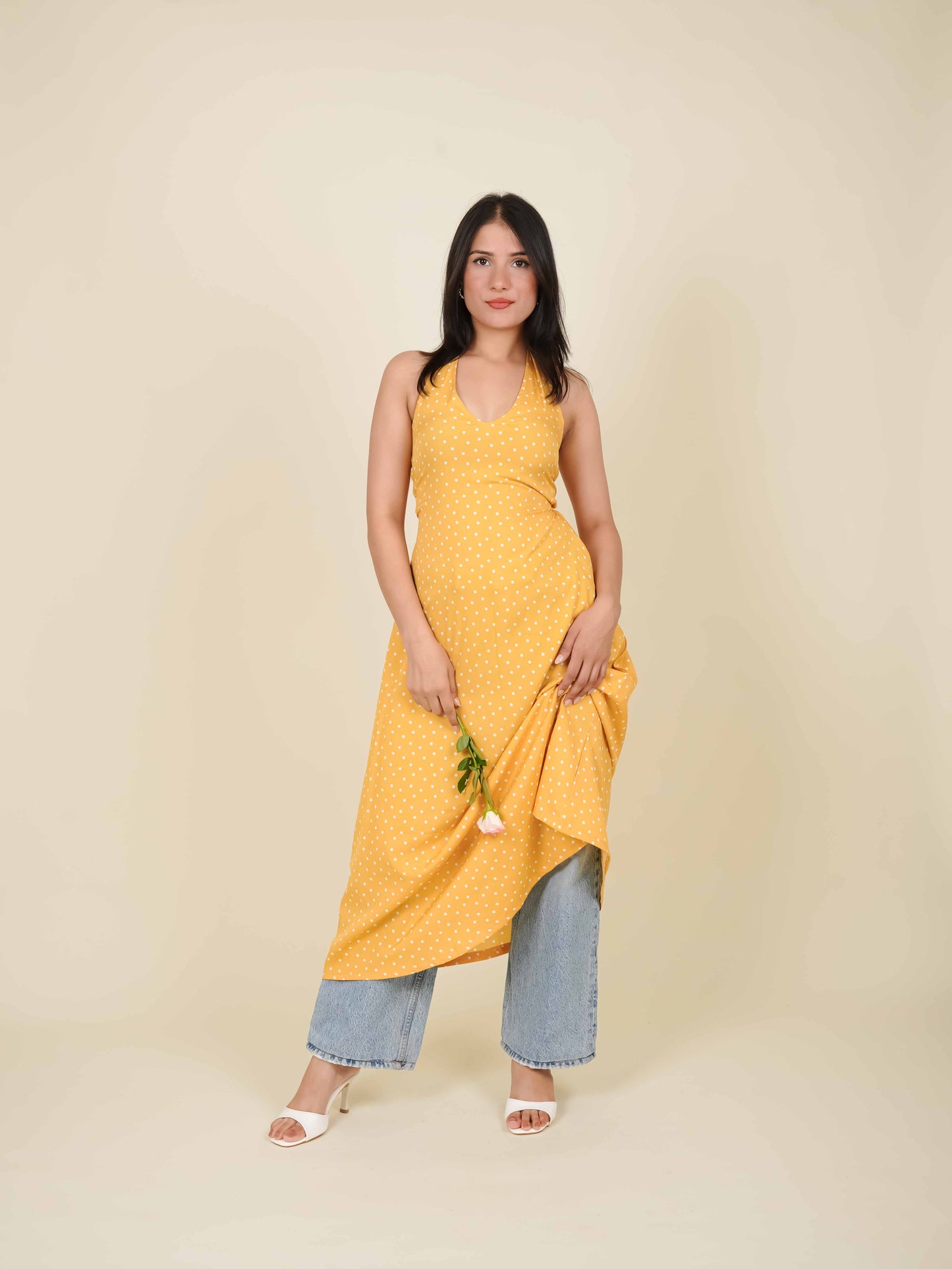 MONOMEE ALESSIA YELLOW POLKA DOT HALTER NECK DRESS
