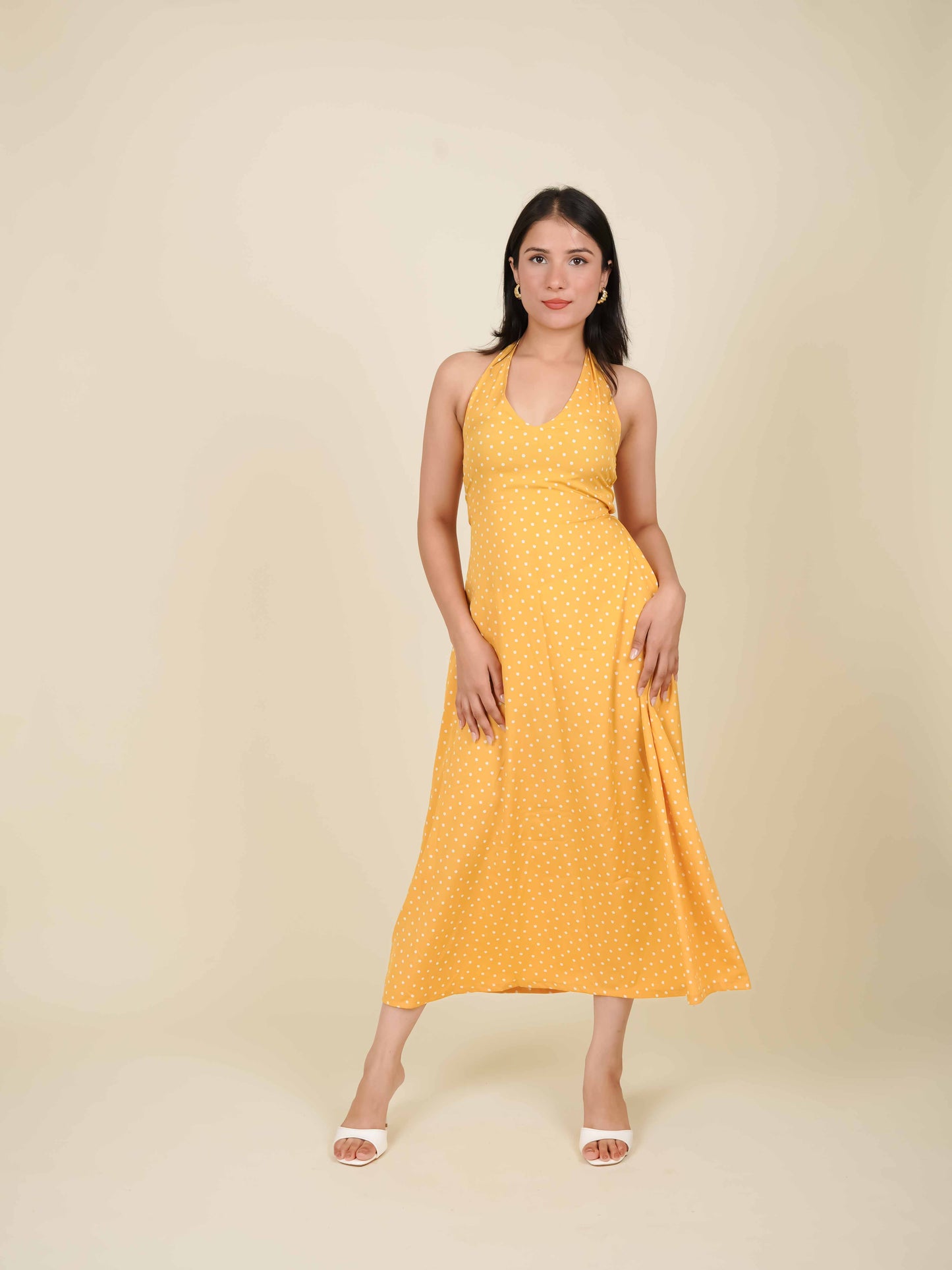 MONOMEE ALESSIA YELLOW POLKA DOT HALTER NECK DRESS