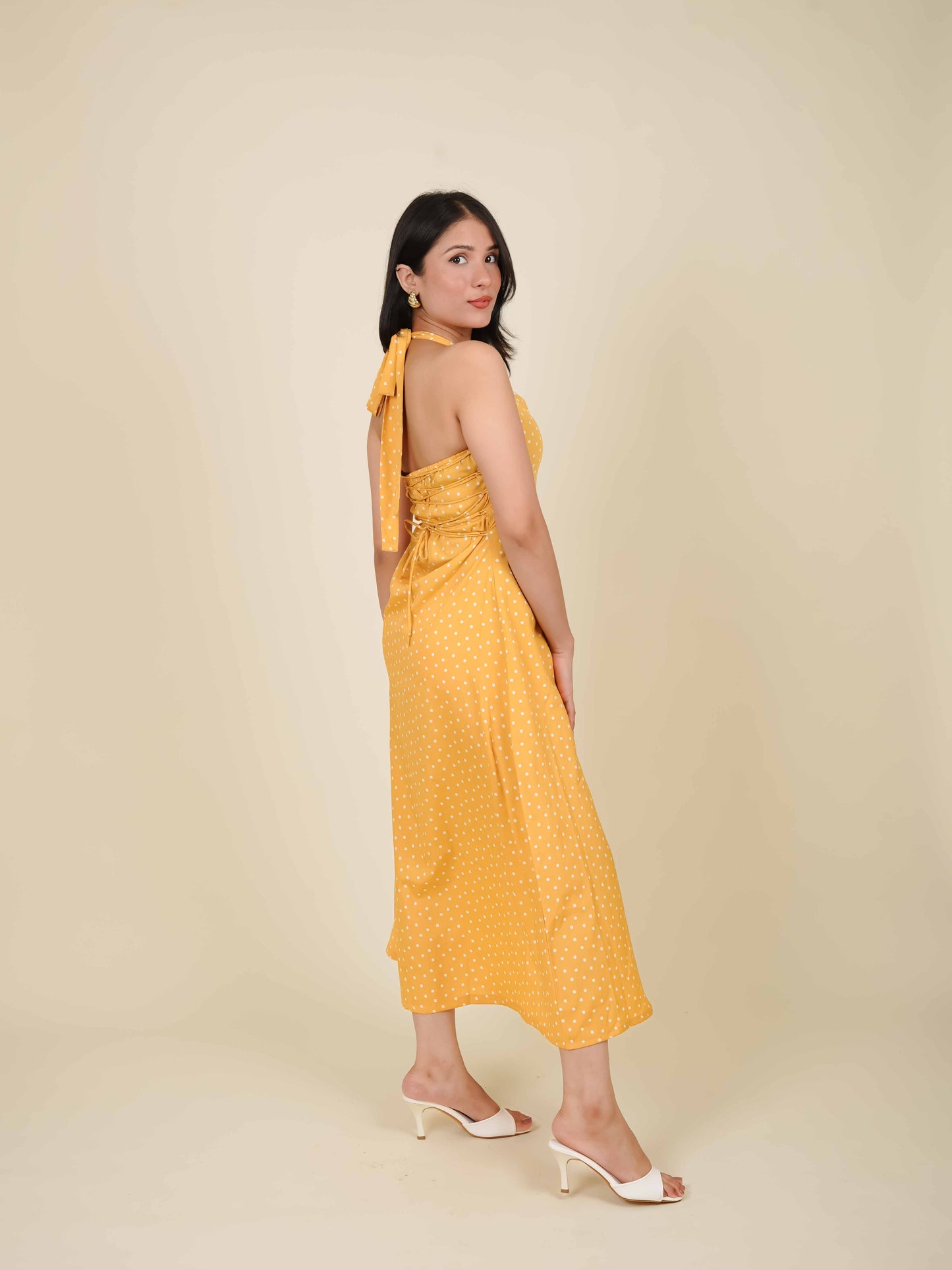 MONOMEE ALESSIA YELLOW POLKA DOT HALTER NECK DRESS
