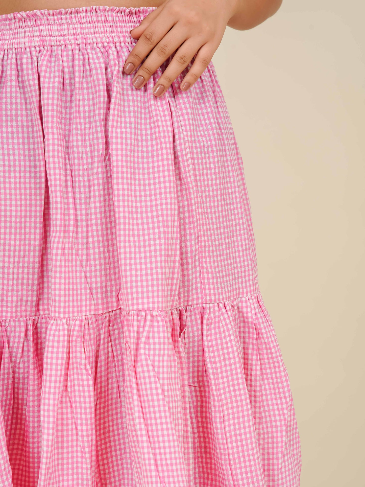 MONOMEE CASSIDY TIERED GINGHAM MAXI SKIRT