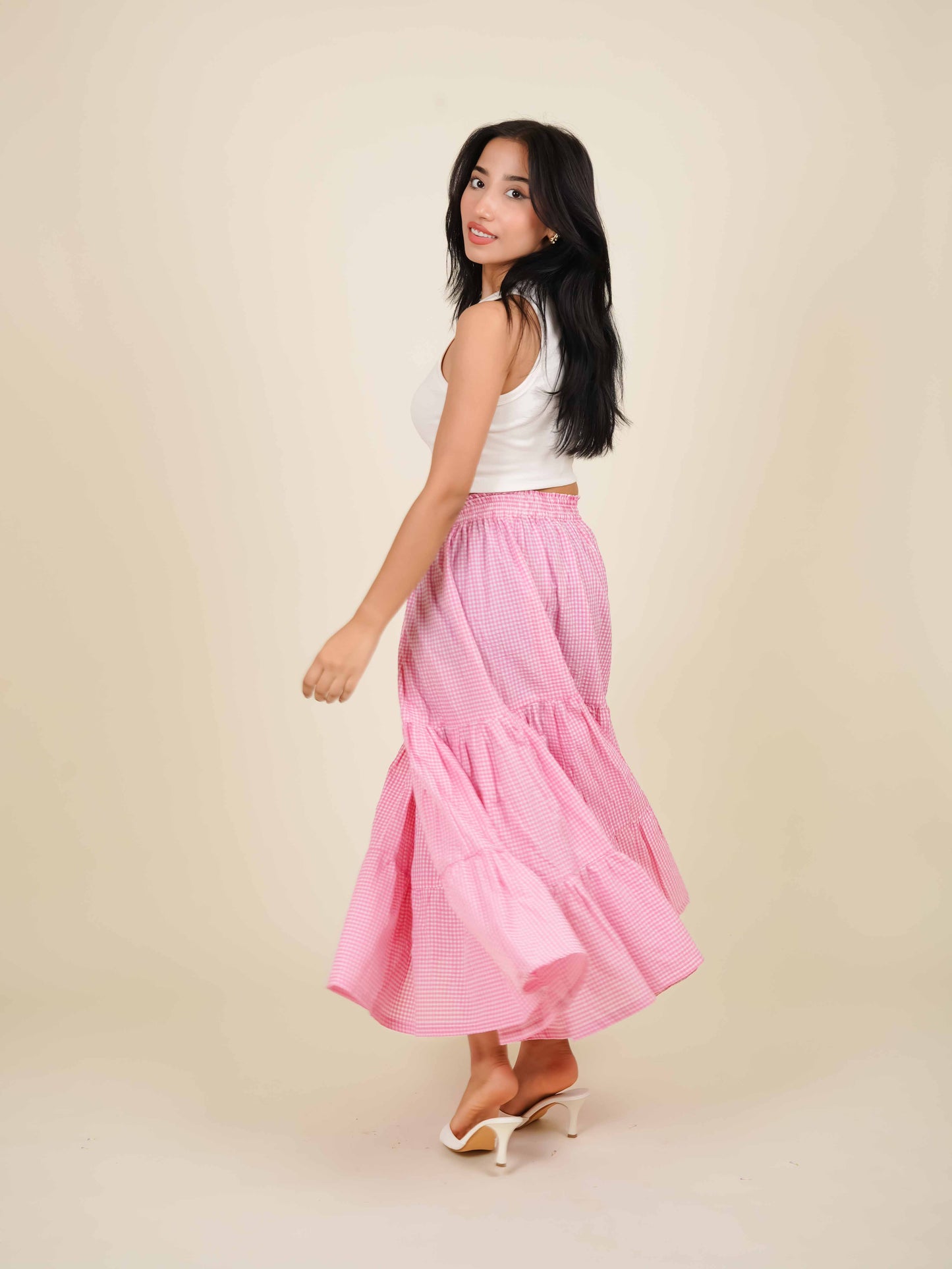 MONOMEE CASSIDY TIERED GINGHAM MAXI SKIRT