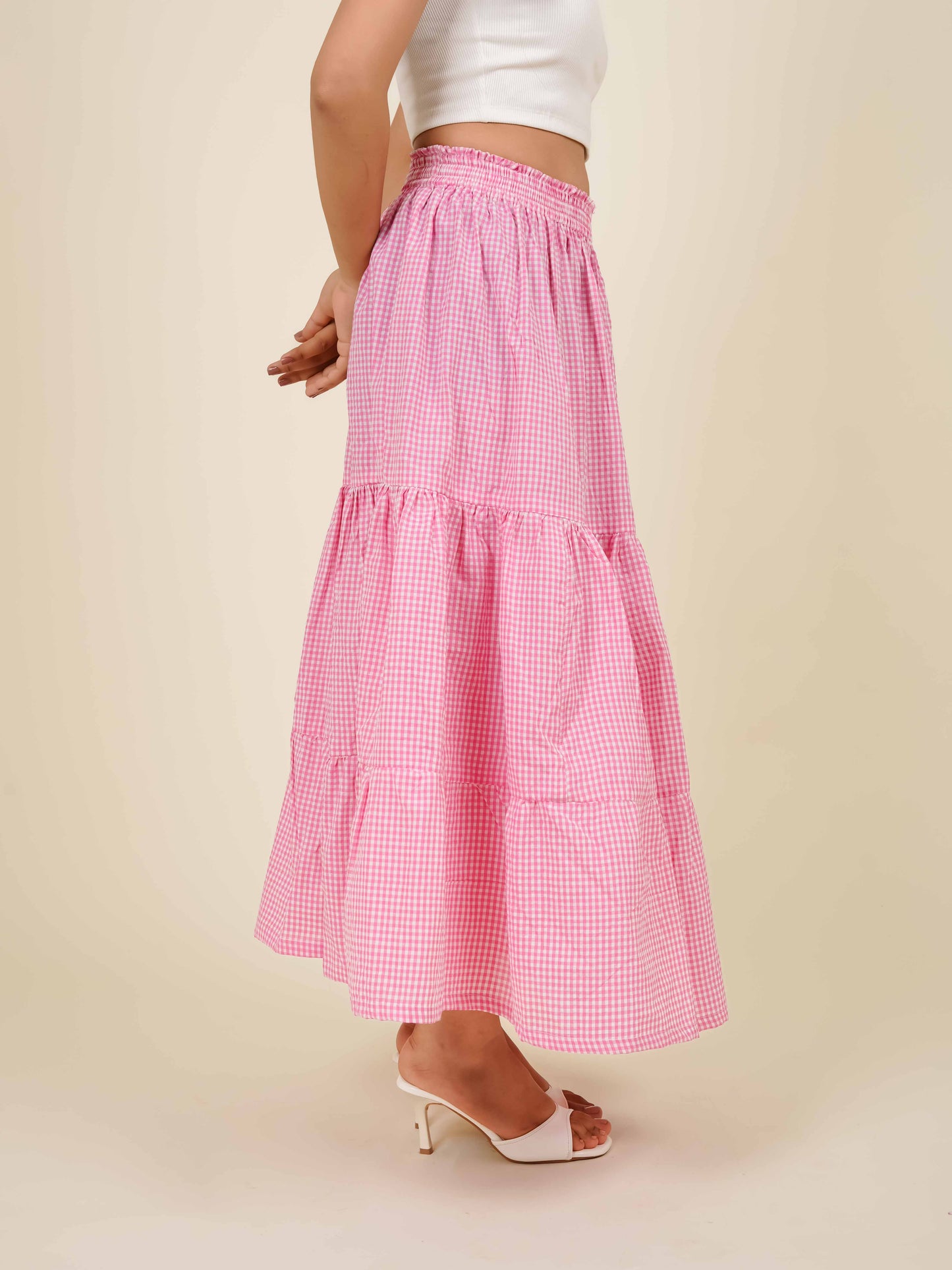 MONOMEE CASSIDY TIERED GINGHAM MAXI SKIRT