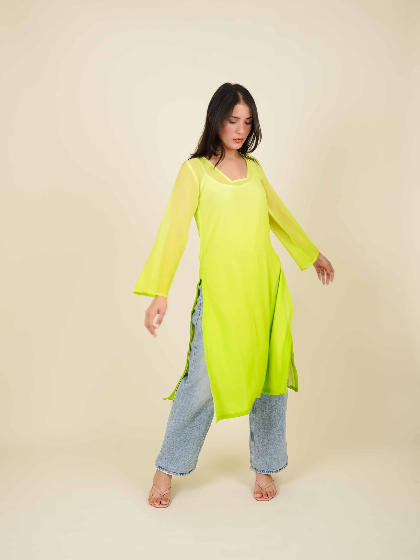 MONOMEE EVELINA NEON GREEN OMBRE KURTA WITH SLIP