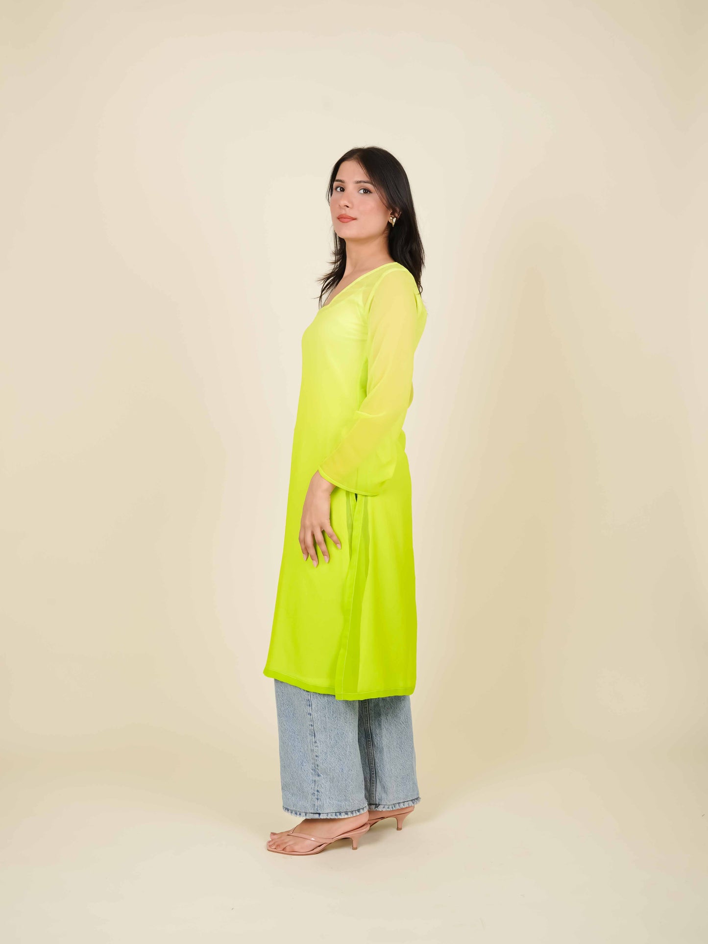 MONOMEE EVELINA NEON GREEN OMBRE KURTA WITH SLIP